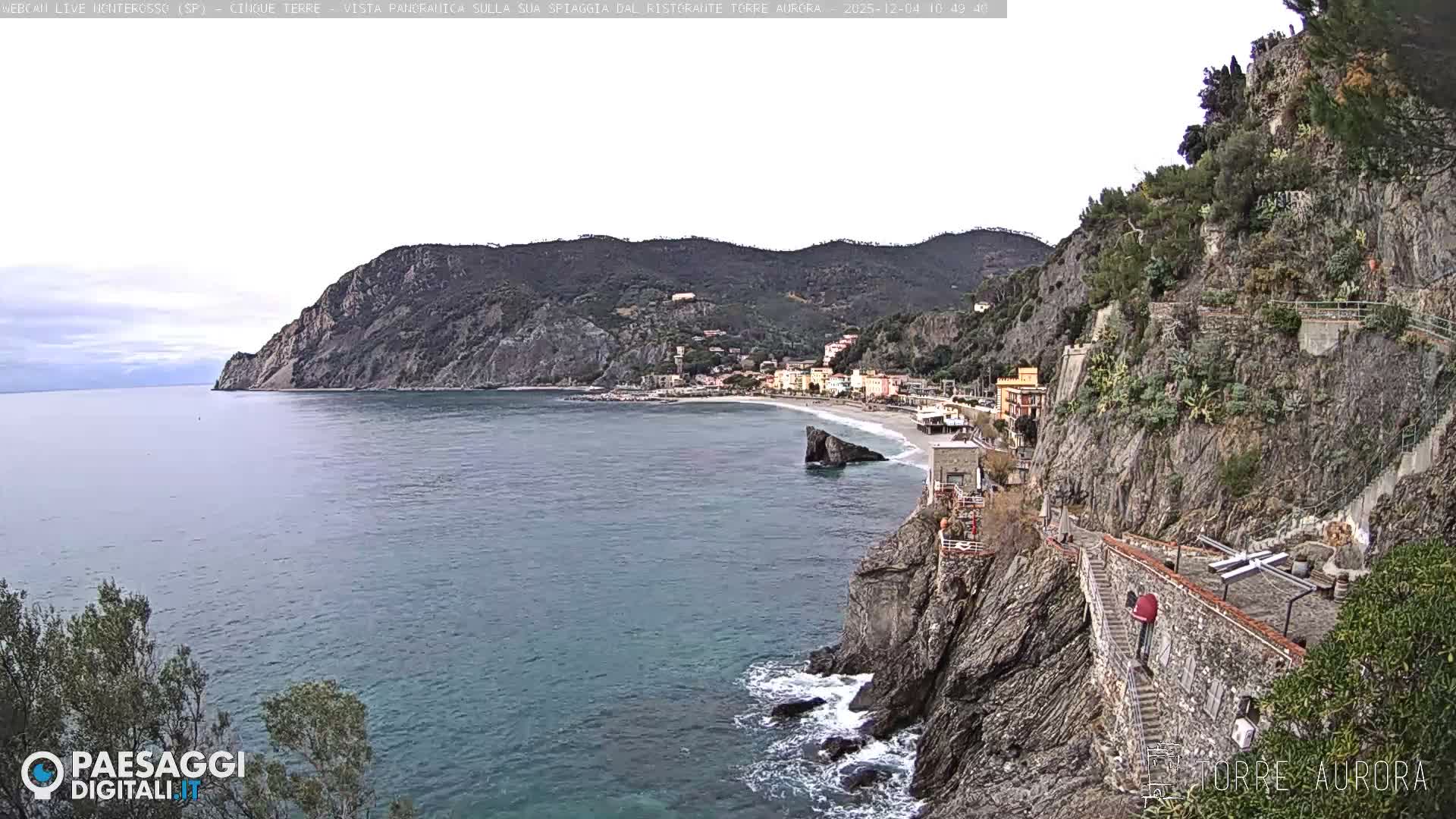 An overcast sky hangs over a picturesque coastal village featuring a sandy crescent beach and a rocky outcrop, nestled against green mountains and steep cliffs with a winding path overlooking the calm, turquoise sea.