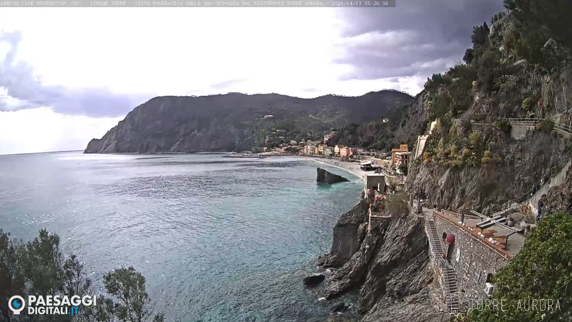 An overcast sky hangs over a picturesque coastal village featuring a sandy crescent beach and a rocky outcrop, nestled against green mountains and steep cliffs with a winding path overlooking the calm, turquoise sea.