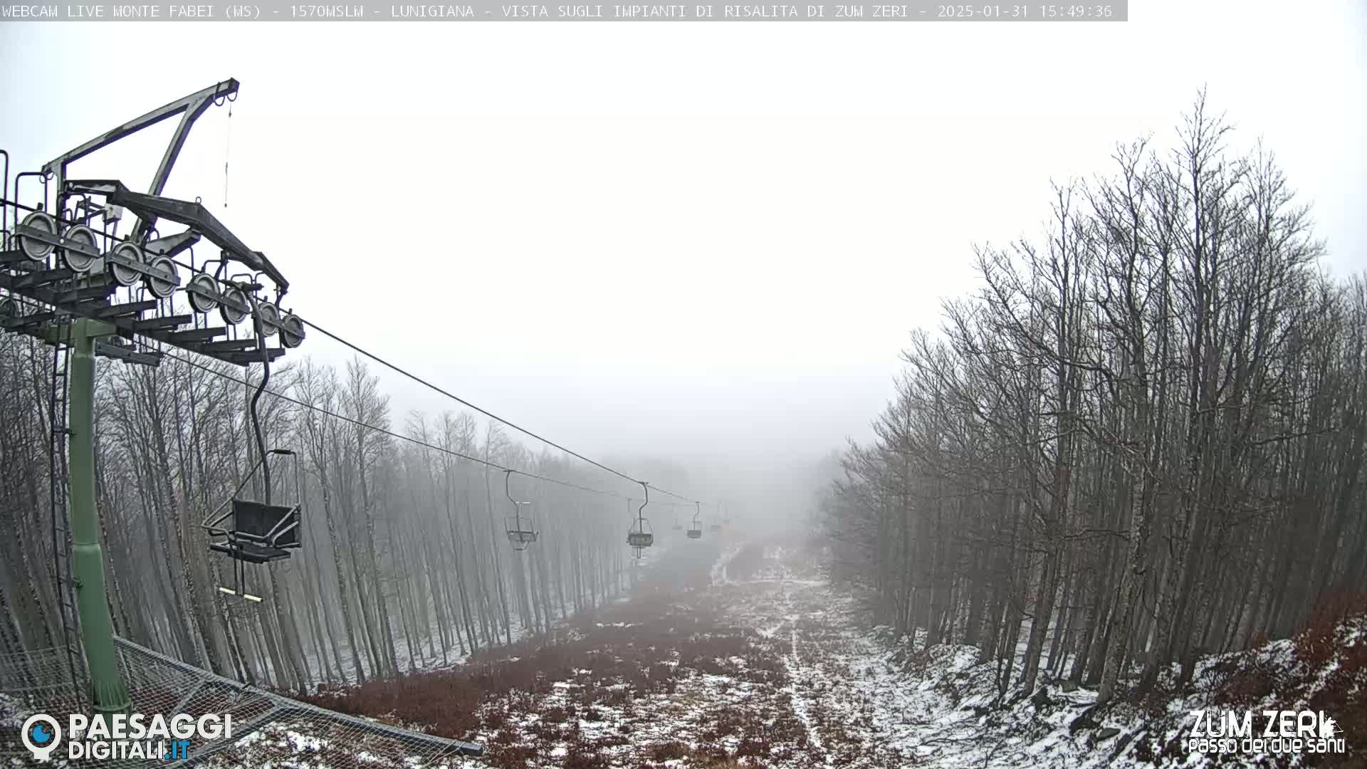 A chairlift extends into a foggy, snowy landscape of leafless trees.