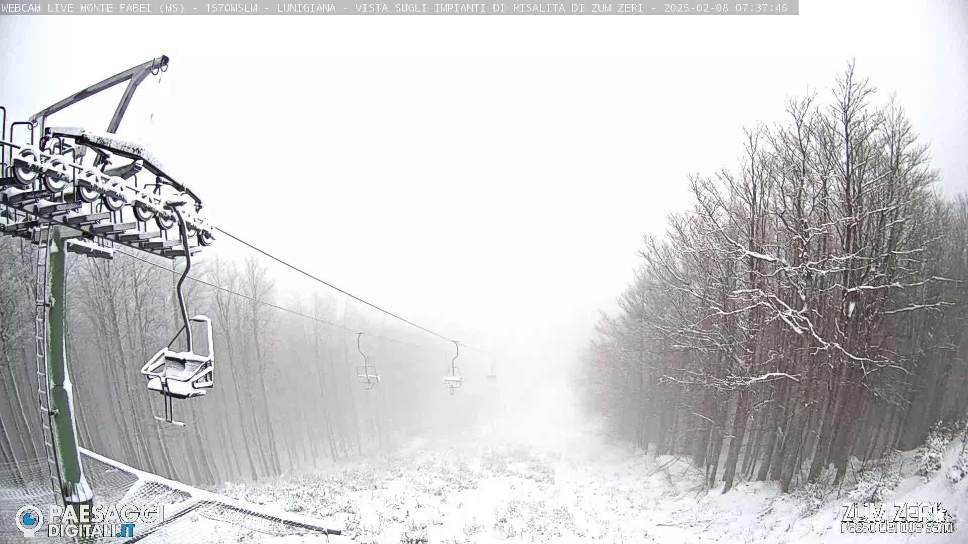 A snow-covered ski lift and several empty chairs are visible against a background of snow-covered trees in snowy conditions.