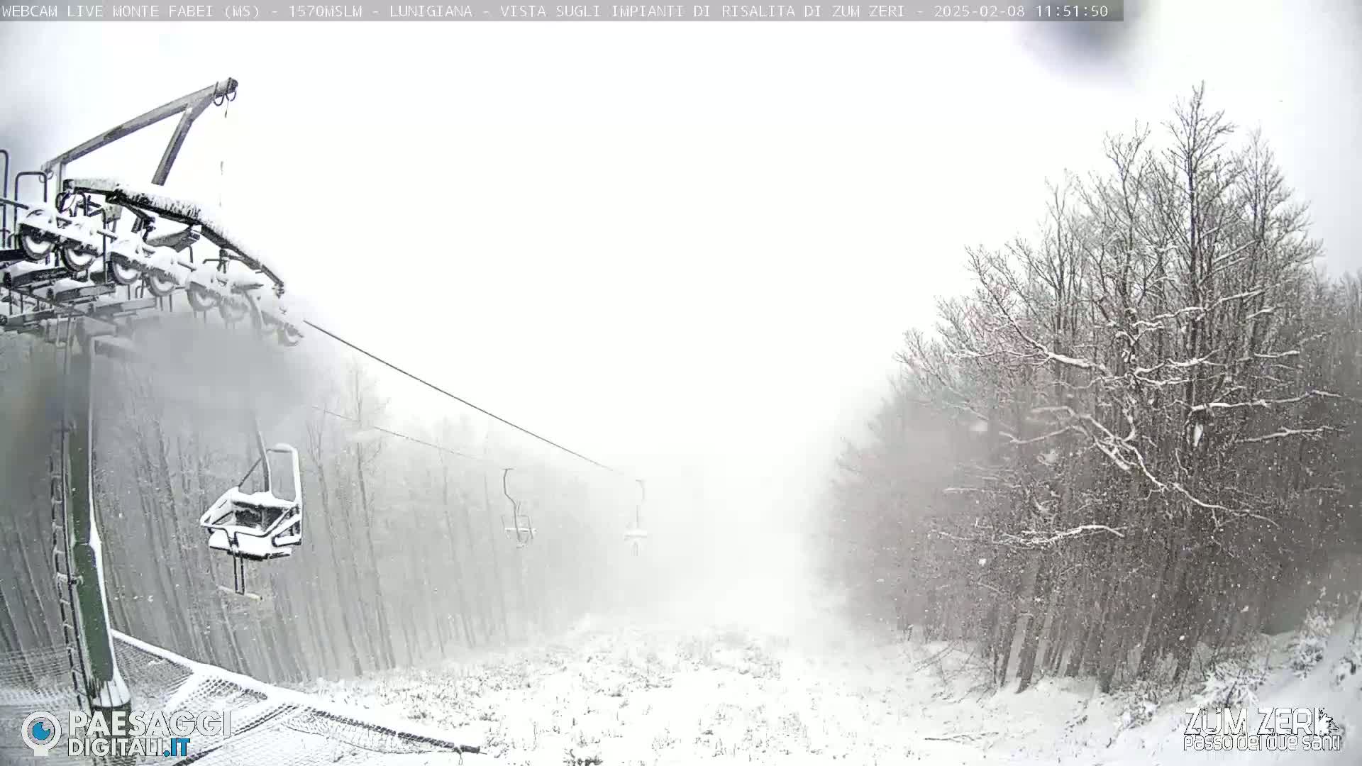 A snow-covered ski lift ascends through a snowstorm into a forest of snow-laden trees.