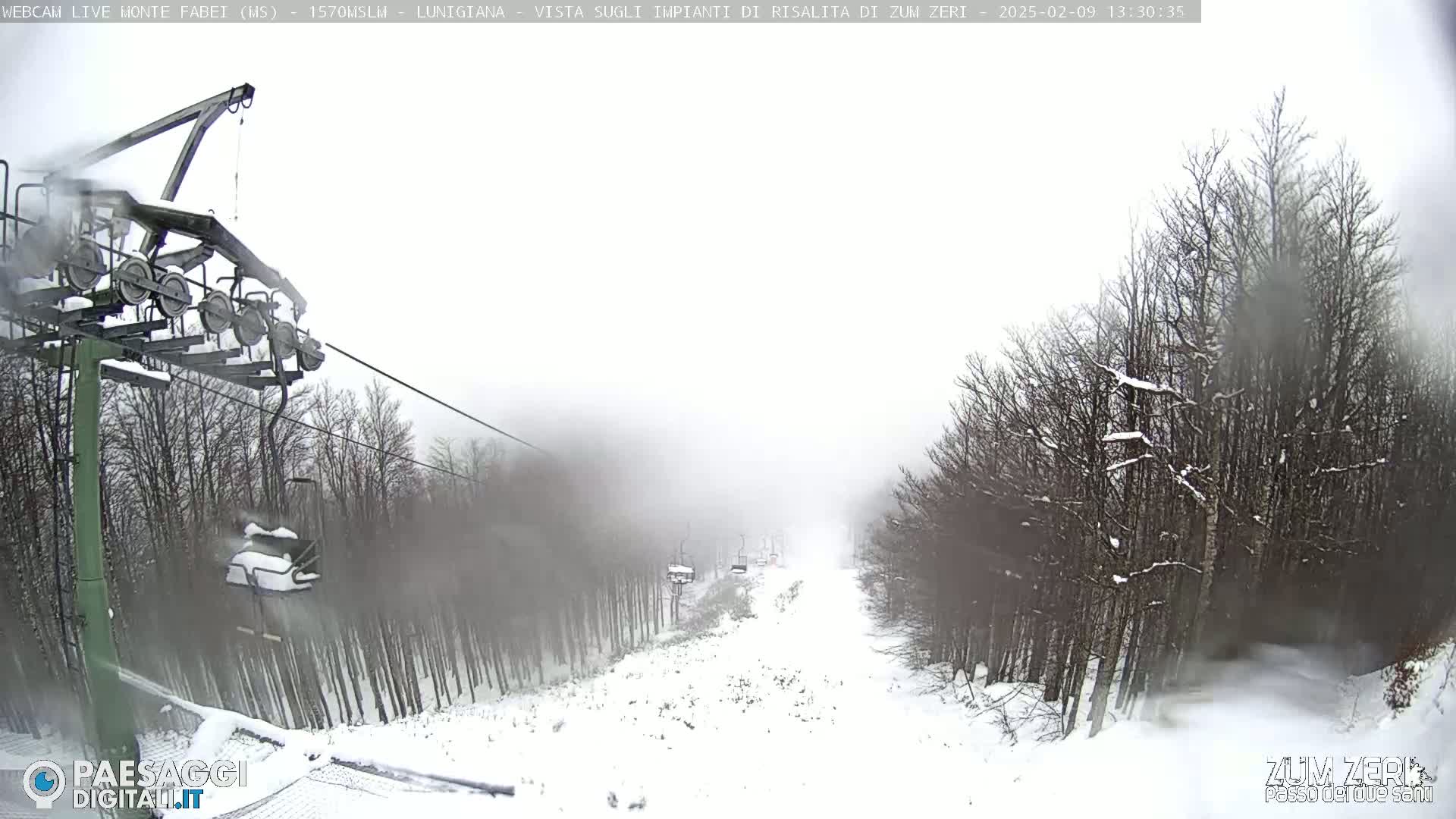 A snow-covered ski lift ascends a hill through a foggy forest.