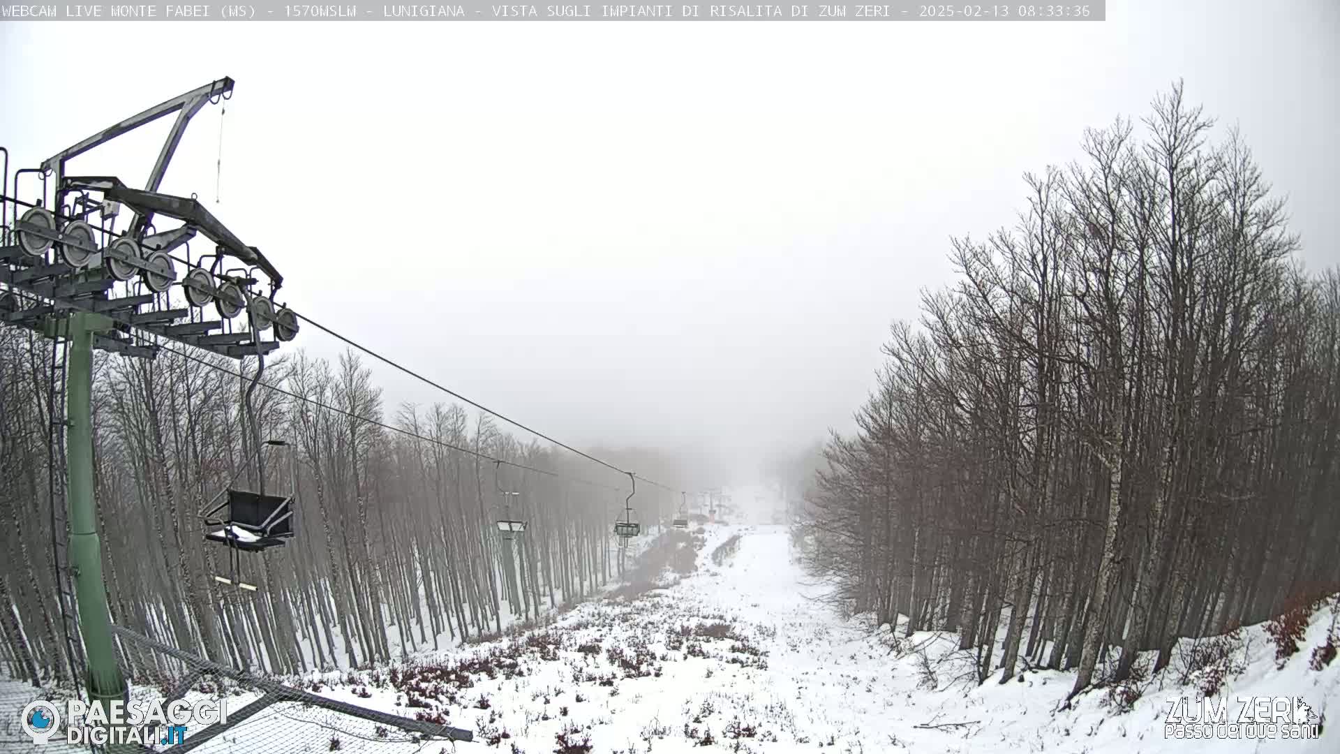 A snow-covered ski lift ascends a hill through a foggy forest of leafless trees.