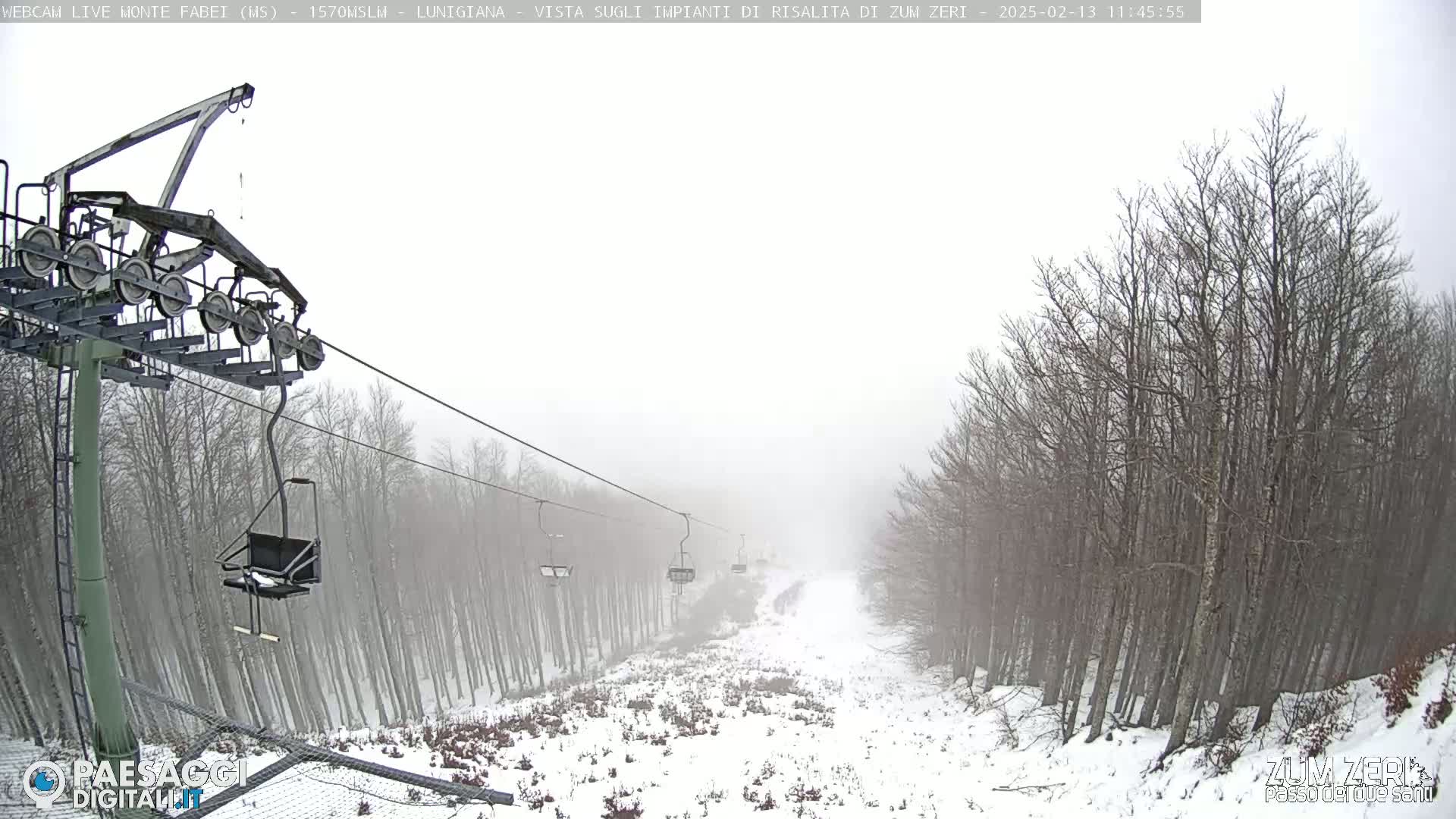 A snow-covered ski lift ascends a hill through a foggy forest of bare trees.