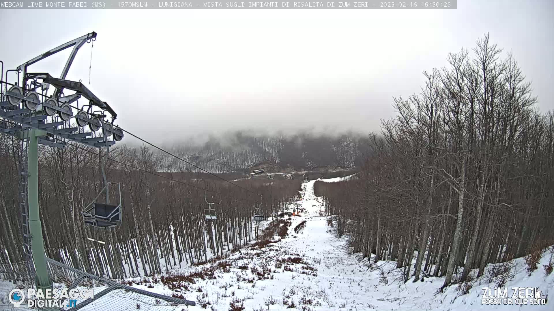 A snowy ski slope with bare trees on either side is viewed from a chairlift on a foggy day.