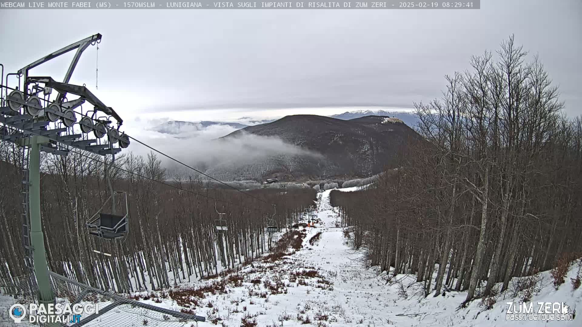 A snow-covered ski slope descends through a forest of leafless trees on an overcast day, with low clouds partially obscuring distant mountains.