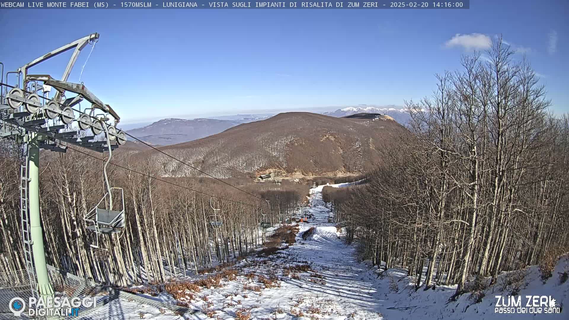 A ski lift descends a snow-covered hill into a forest of bare trees on a sunny day.