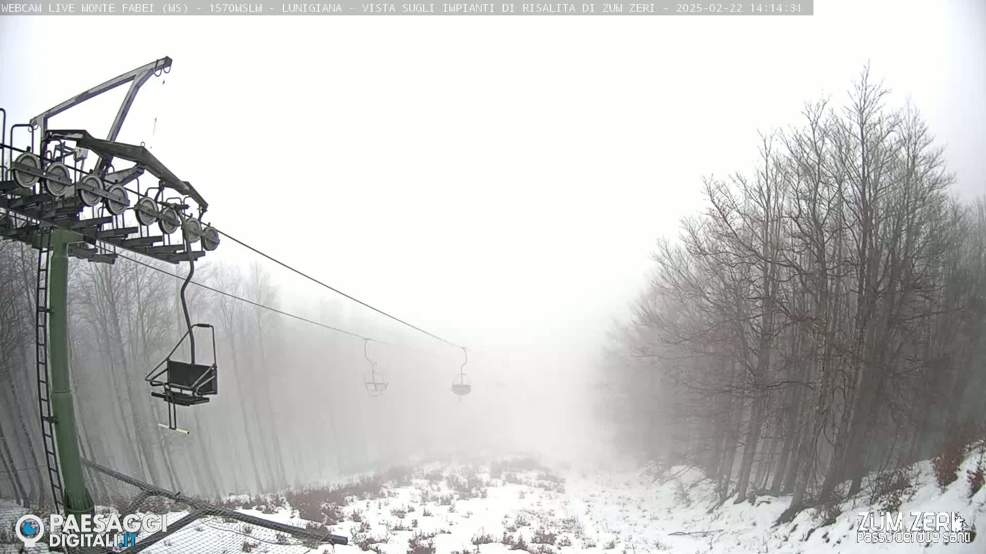 A chairlift ascends through a foggy, snowy forest.