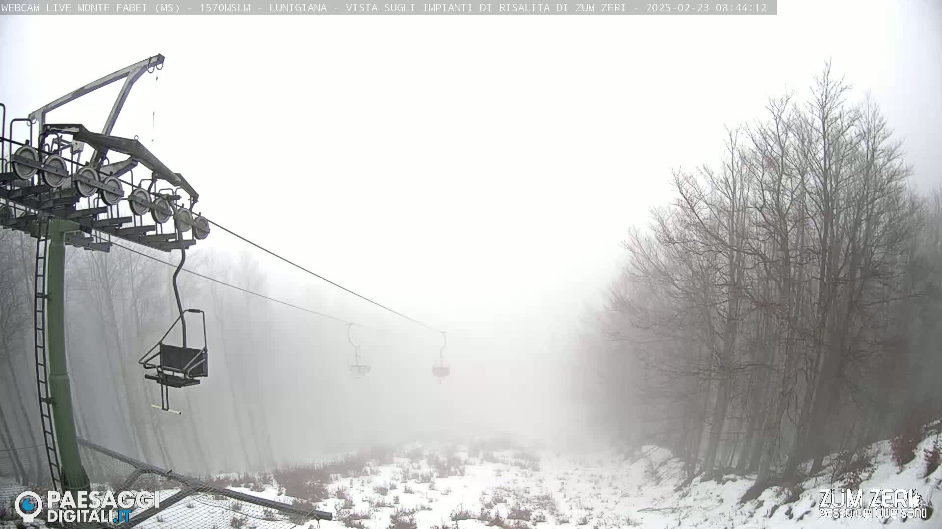 A foggy, snowy scene shows a chairlift ascending through leafless trees.