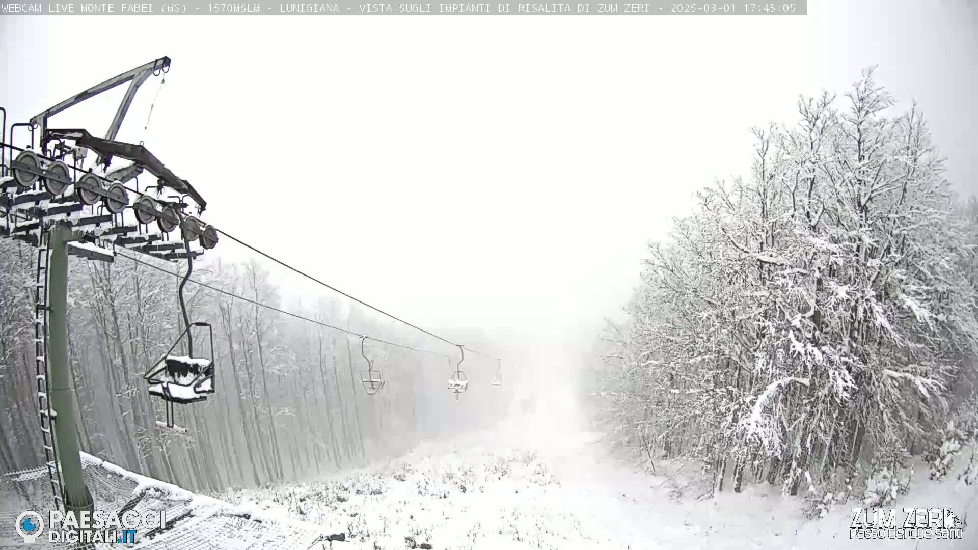 A snow-covered ski lift ascends through a snowy forest during a snowstorm.