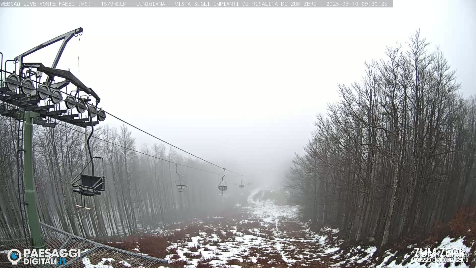 A chairlift ascends a foggy, snow-dusted mountainside lined with leafless trees.