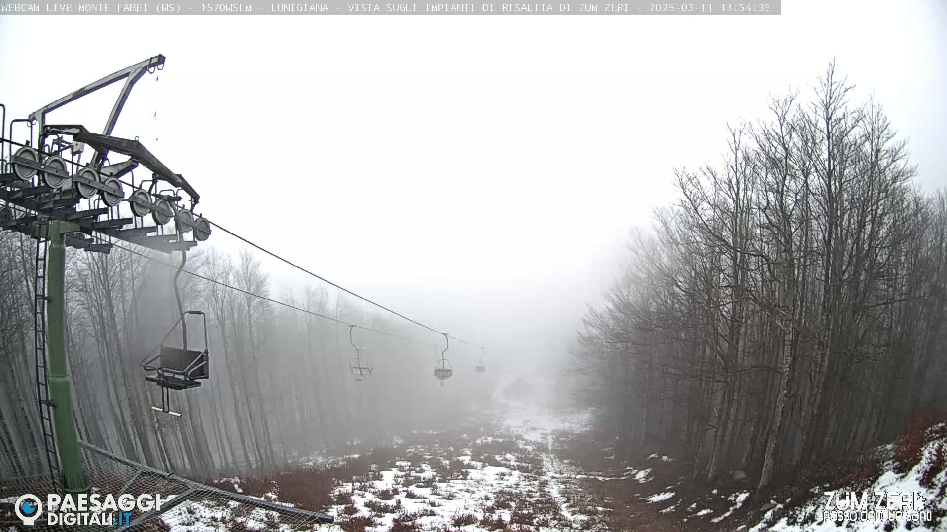 A chairlift ascends a foggy mountain slope sparsely covered in snow, passing through a forest of bare trees.