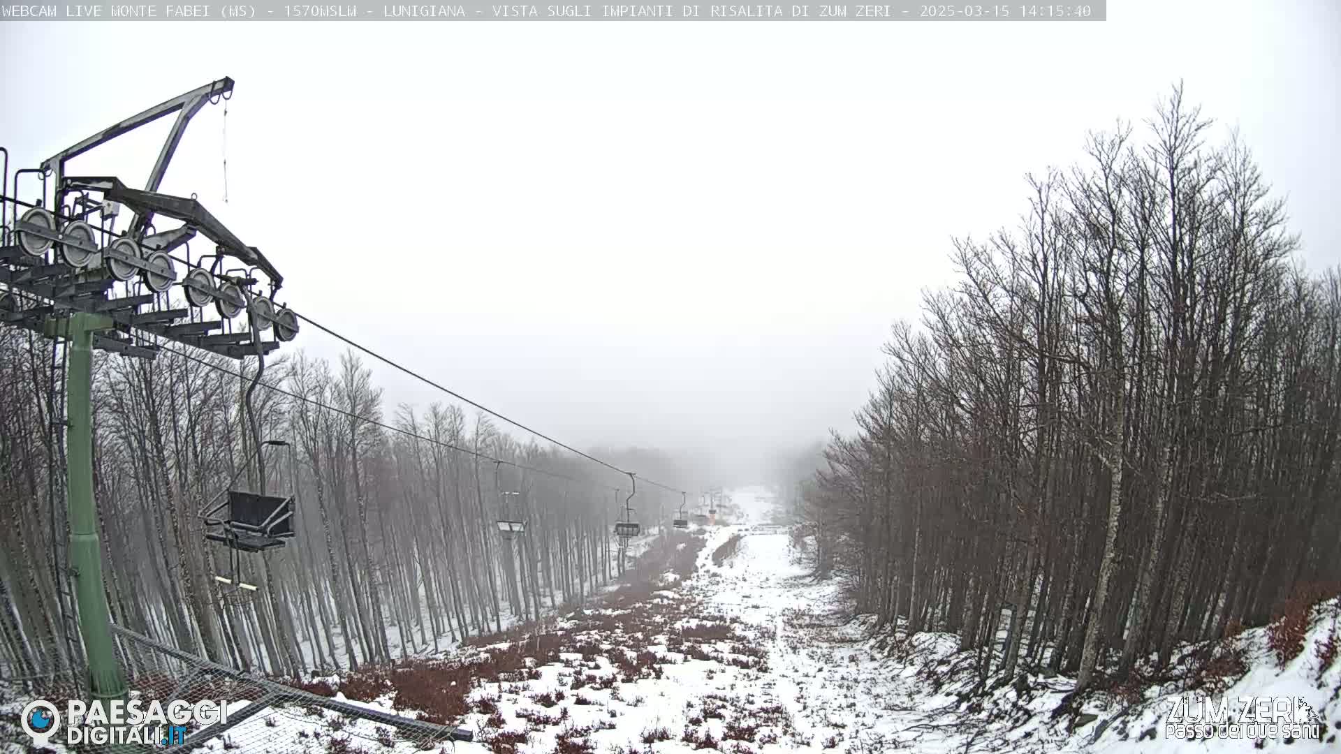 A chairlift ascends a snow-covered mountain slope through a foggy, bare-branched forest.