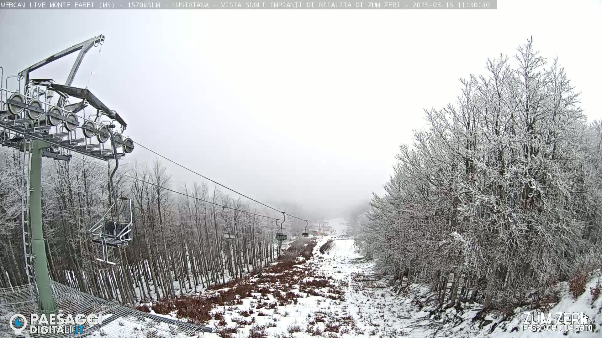 A chairlift ascends a snow-covered mountain slope through a foggy, winter landscape of snow-dusted trees.
