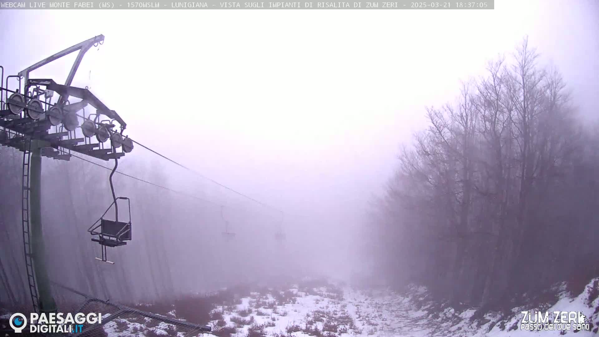 A chairlift ascends through a foggy landscape of bare trees and snow-dusted ground.