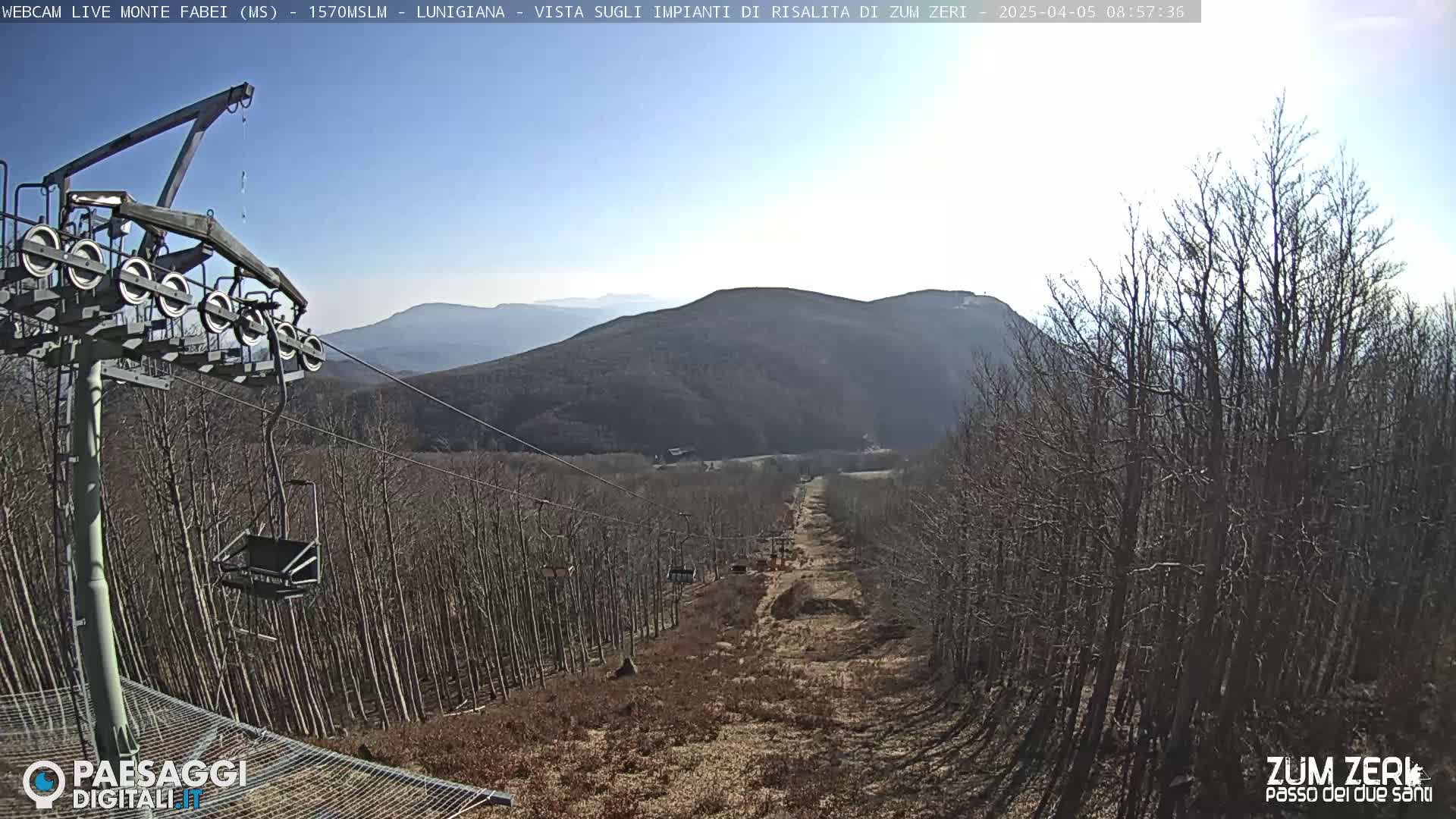 A chairlift extends down a mountainside through a leafless forest under a clear, bright sky.