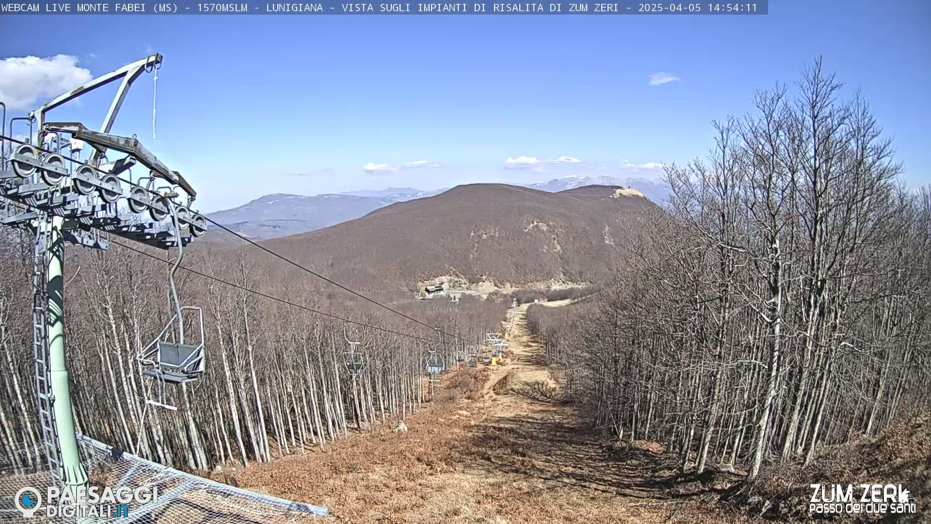 A chairlift ascends a mountainside through a forest of bare, leafless trees under a mostly clear blue sky.