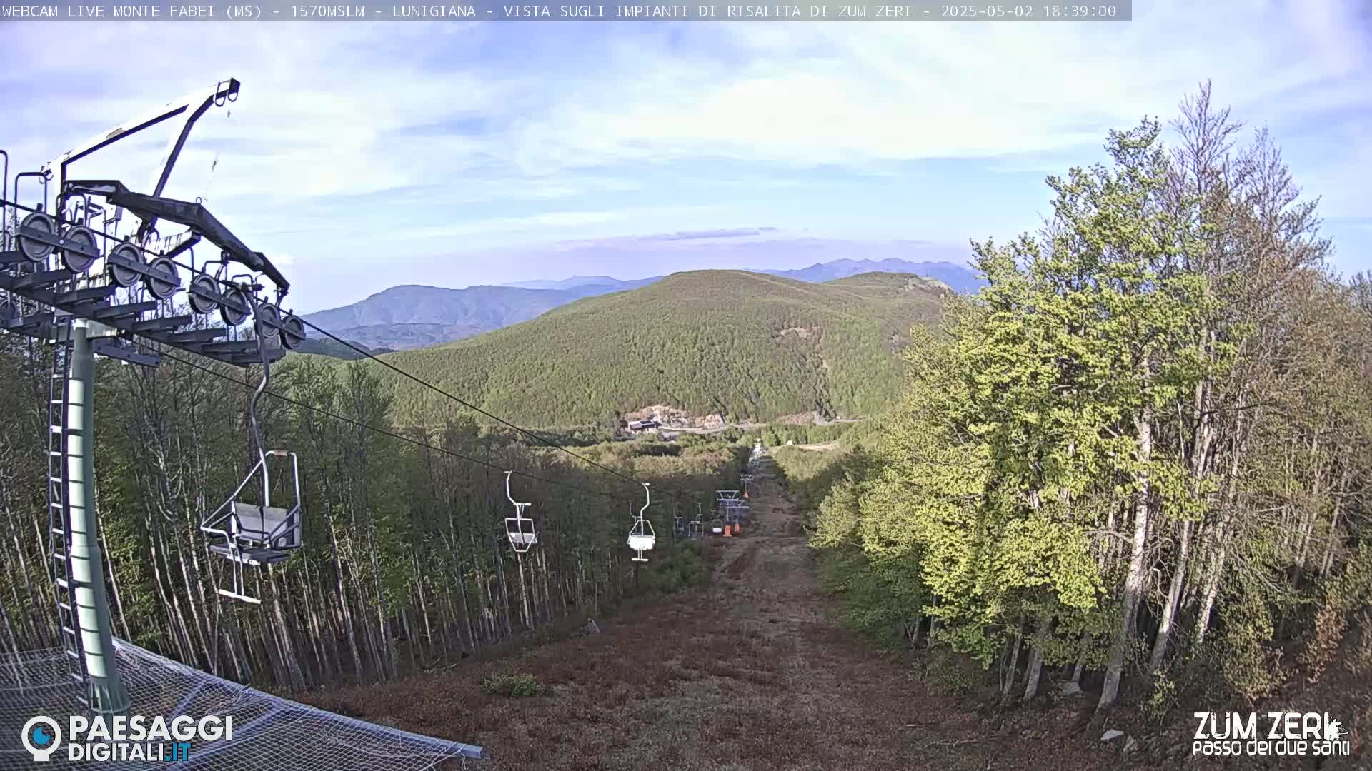 A chairlift ascends a mountainside covered in budding trees under a partly sunny sky.