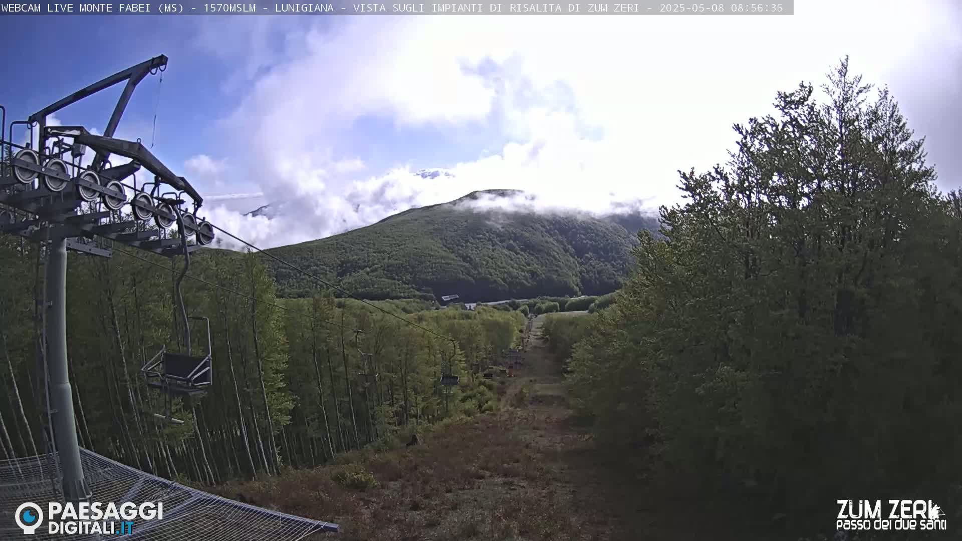 A chairlift ascends a mountainside shrouded in partly cloudy skies, overlooking a verdant forest.