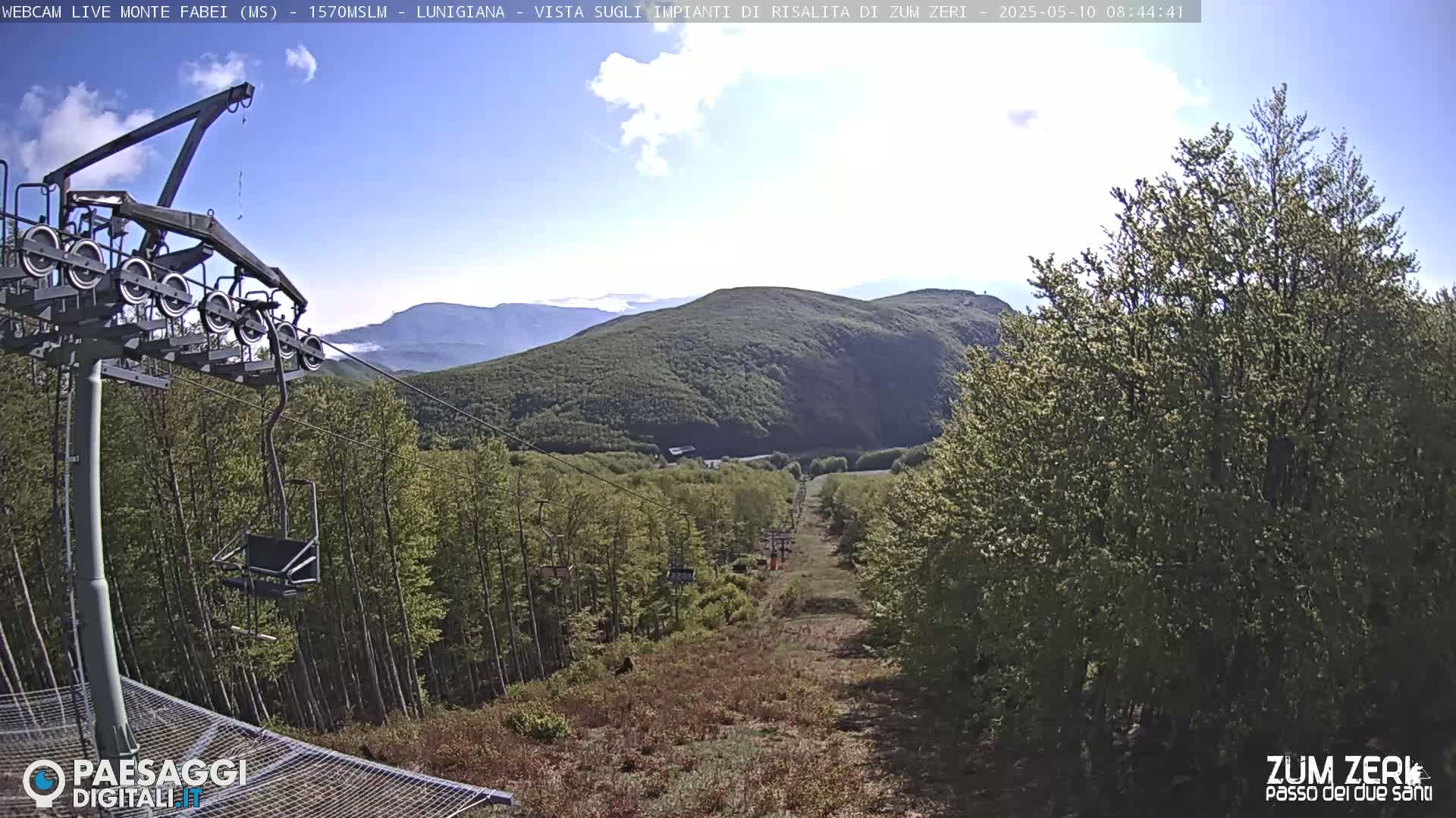 A chairlift ascends a mountainside covered in lush green trees under a mostly clear, sunny sky.