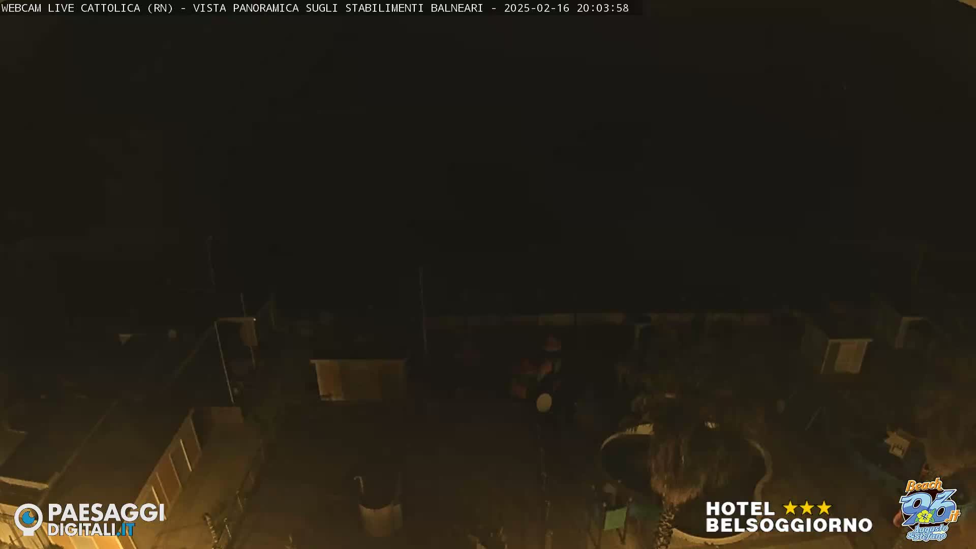 A nighttime, dark view overlooking a dimly lit outdoor area with some vegetation and structures.