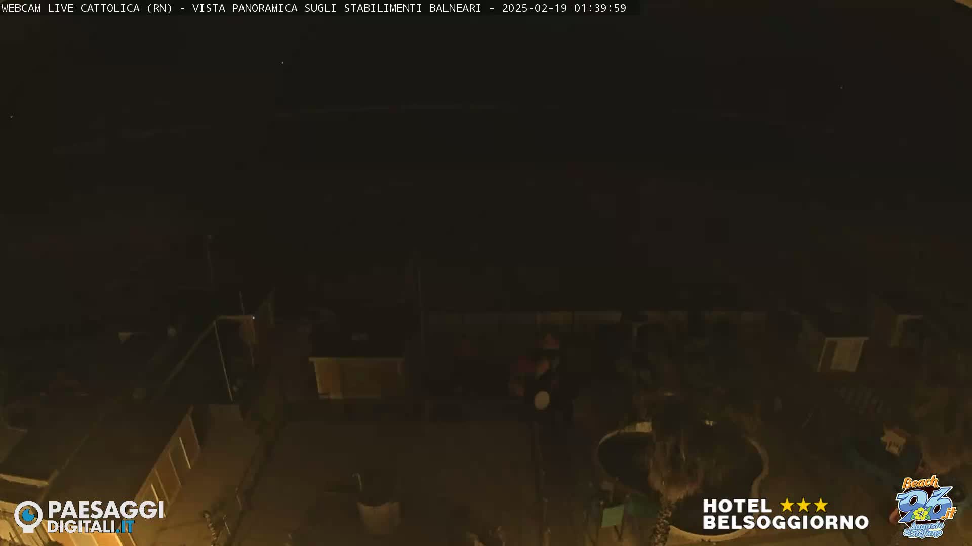 A nighttime, high-angle view of a dark outdoor area with buildings and a few people.