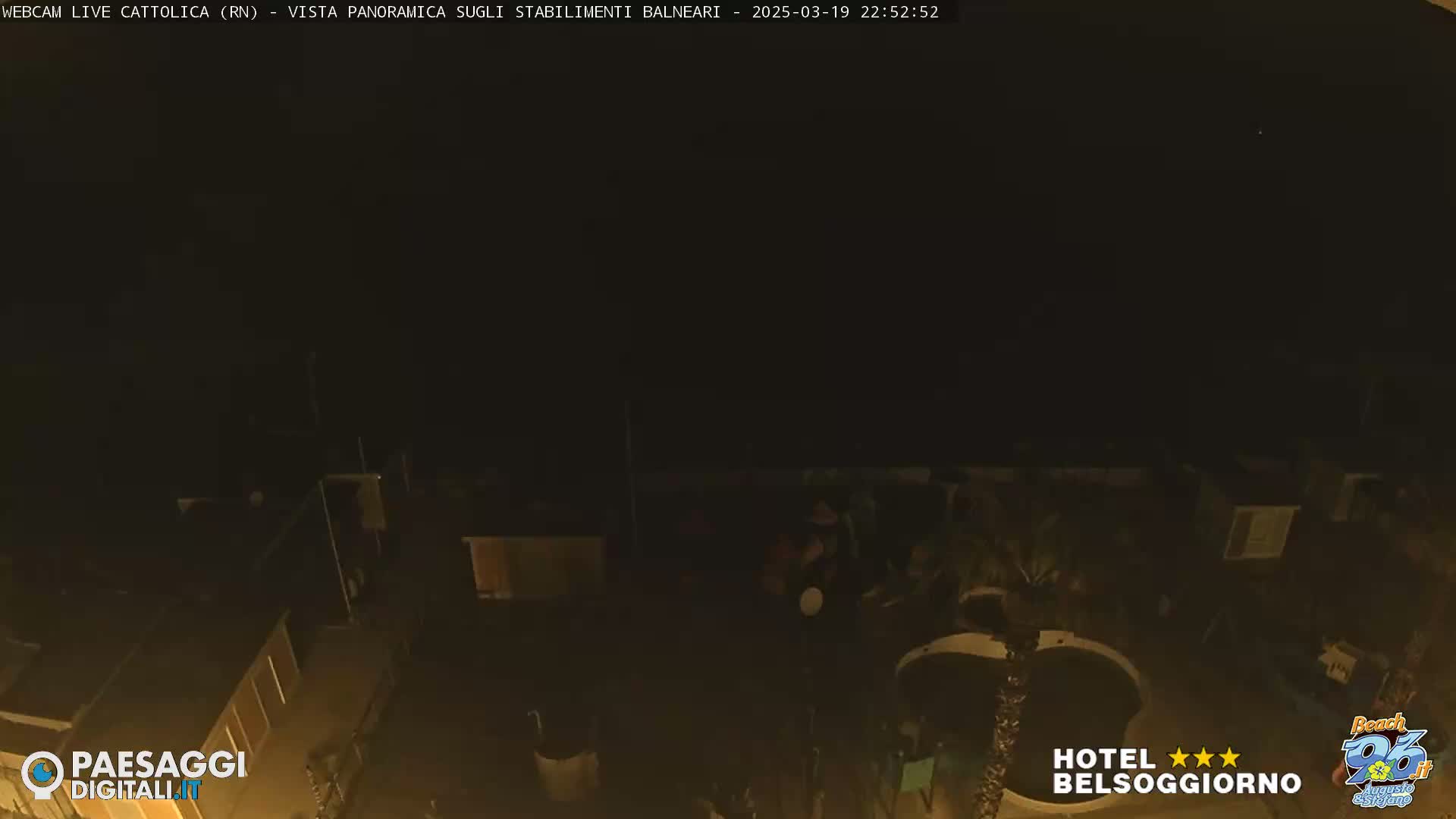 A nighttime, dark view of buildings and a pool from an elevated perspective.