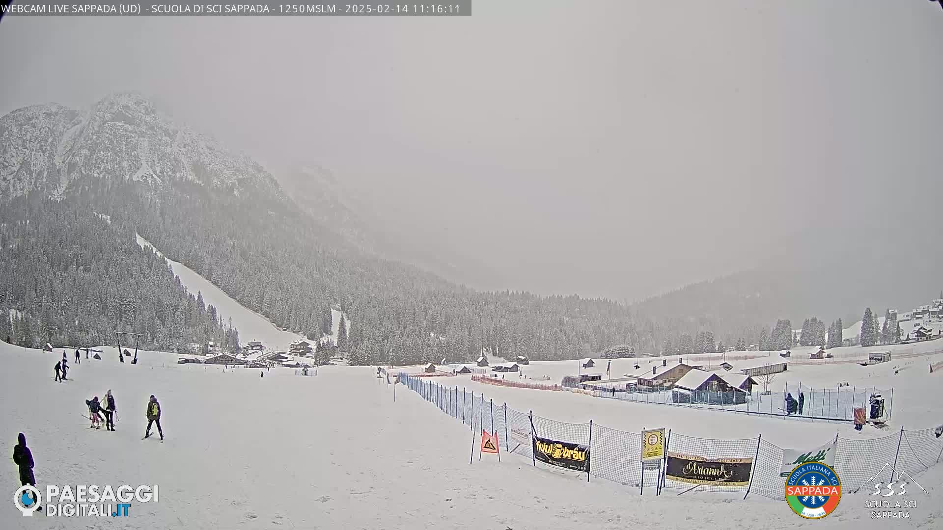 A snowy, hazy view of a ski slope with several people skiing and snowboarding, set against a backdrop of snow-covered mountains and evergreen trees.