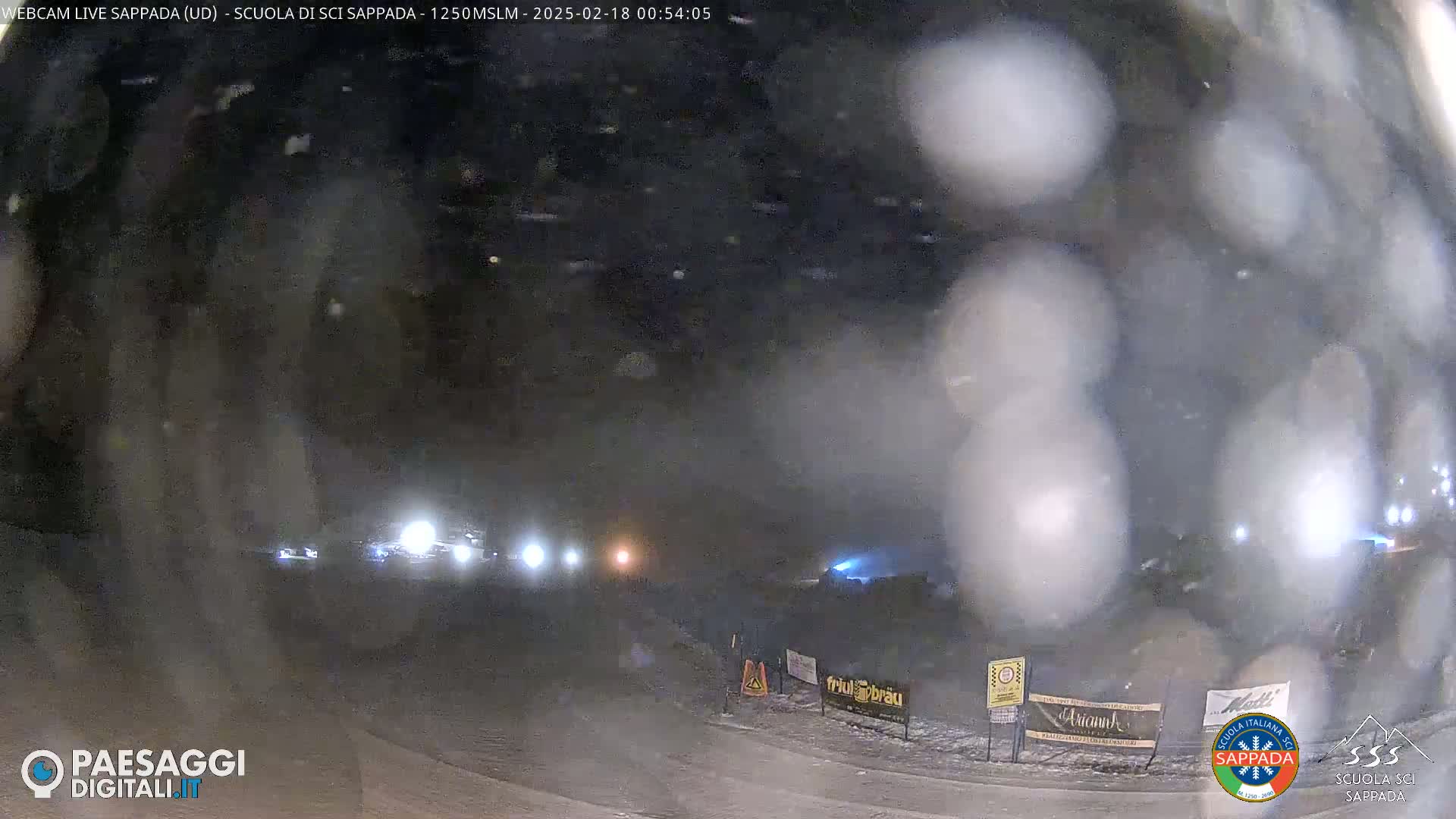 A nighttime, snow-covered scene shows a road with vehicle headlights visible in the distance, under falling snow.