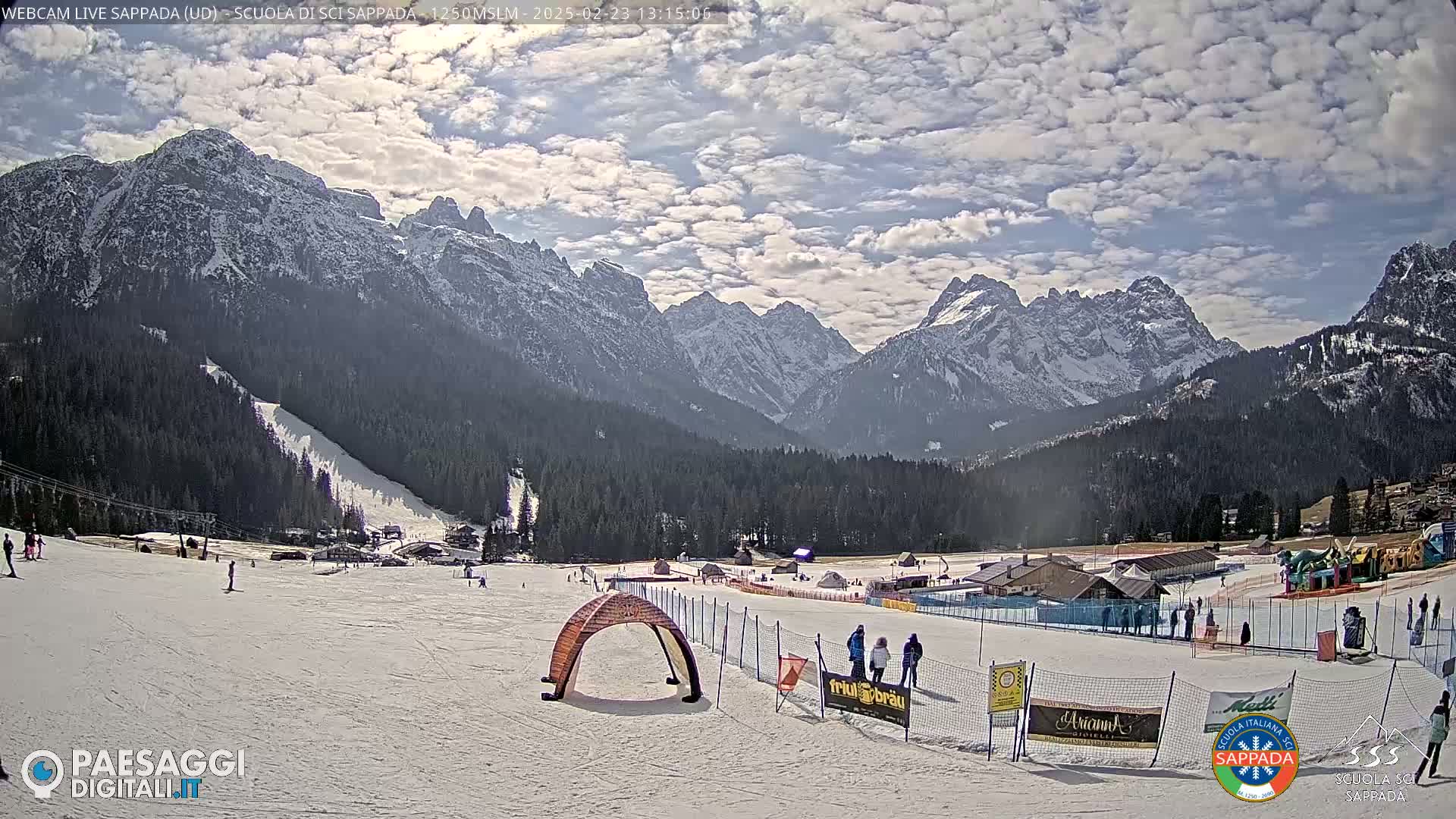 A snowy ski resort with a few skiers and snowboarders is nestled in a valley surrounded by snow-capped mountains under a partly cloudy sky.