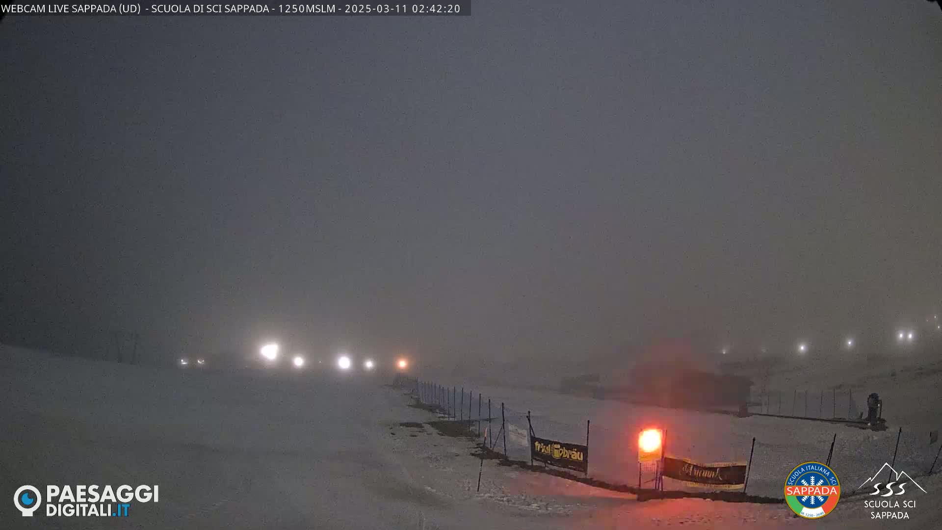 A snowy, foggy scene at night shows a snow-covered area with lights in the distance and a fence along the right.