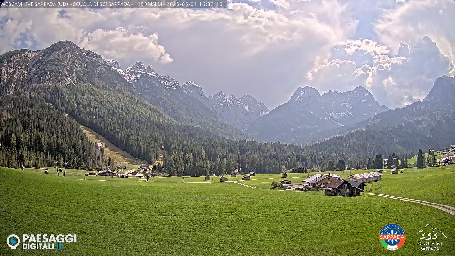 A partly cloudy day in a mountainous region shows a lush green valley with several small buildings, a ski slope, and snow-capped peaks in the background.