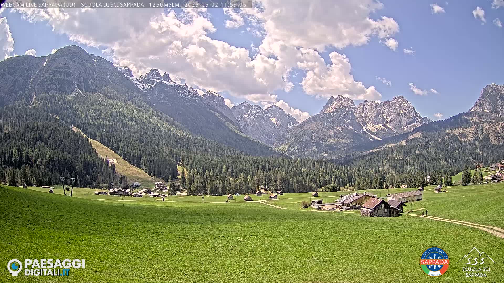 A partly cloudy day reveals a lush green valley dotted with small buildings, nestled beneath a backdrop of snow-capped mountains and dark evergreen forests.