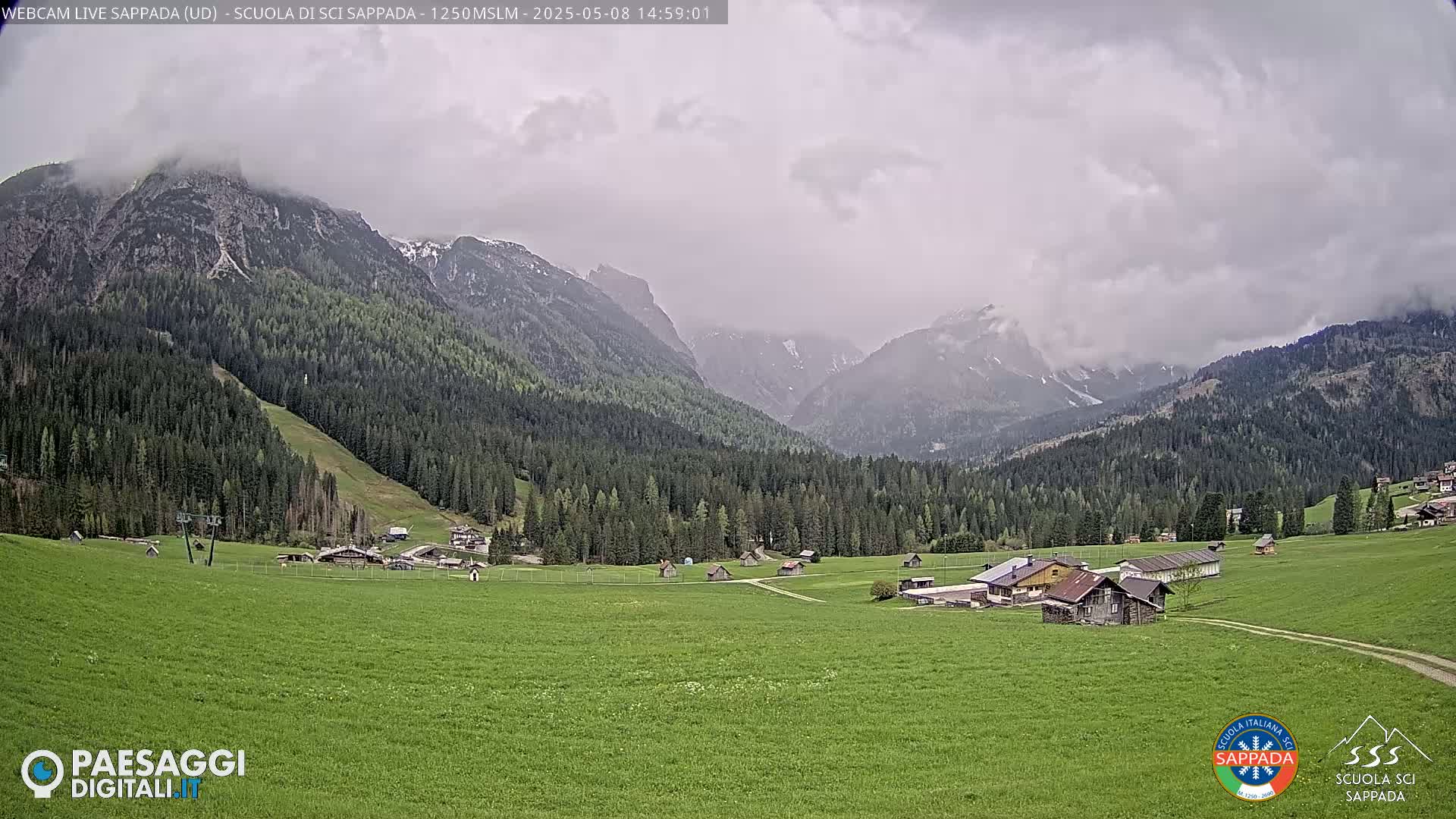 A mountain valley under a cloudy sky shows a village nestled among green fields and dark evergreen forests, with snow-capped mountains in the distance.