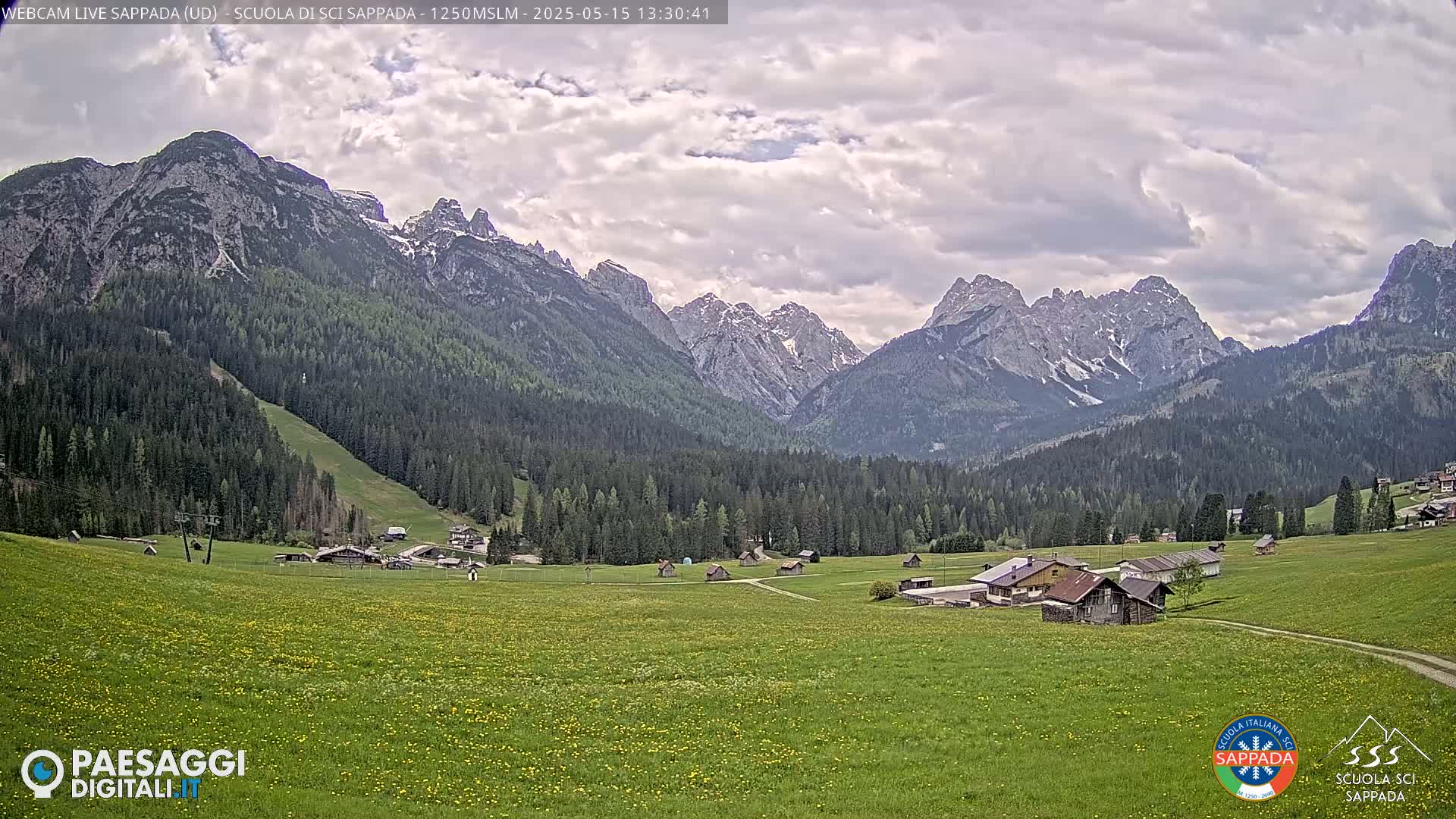 A valley dotted with small buildings and wildflowers is nestled between snow-capped mountains under a partly cloudy sky.