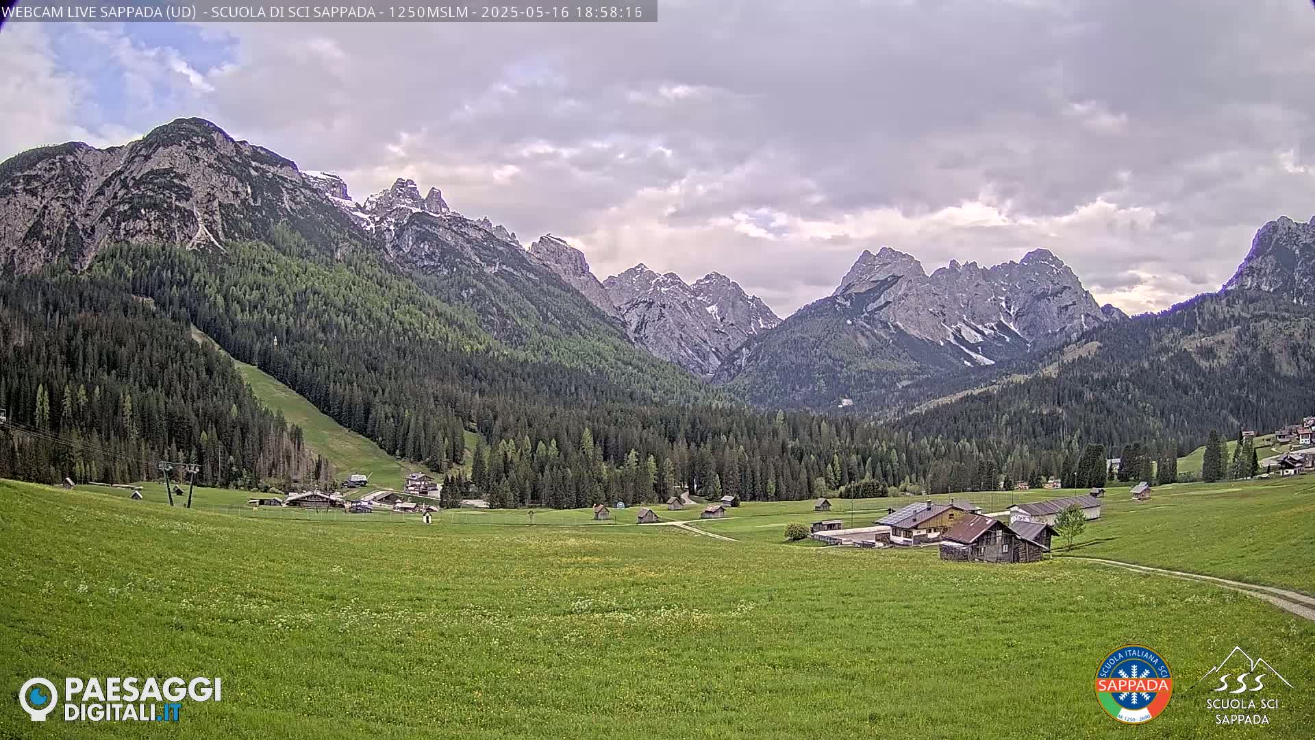 A valley with a small village nestled among green fields and dark evergreen forests, backed by a range of rocky mountains with some remaining snow under a cloudy sky.