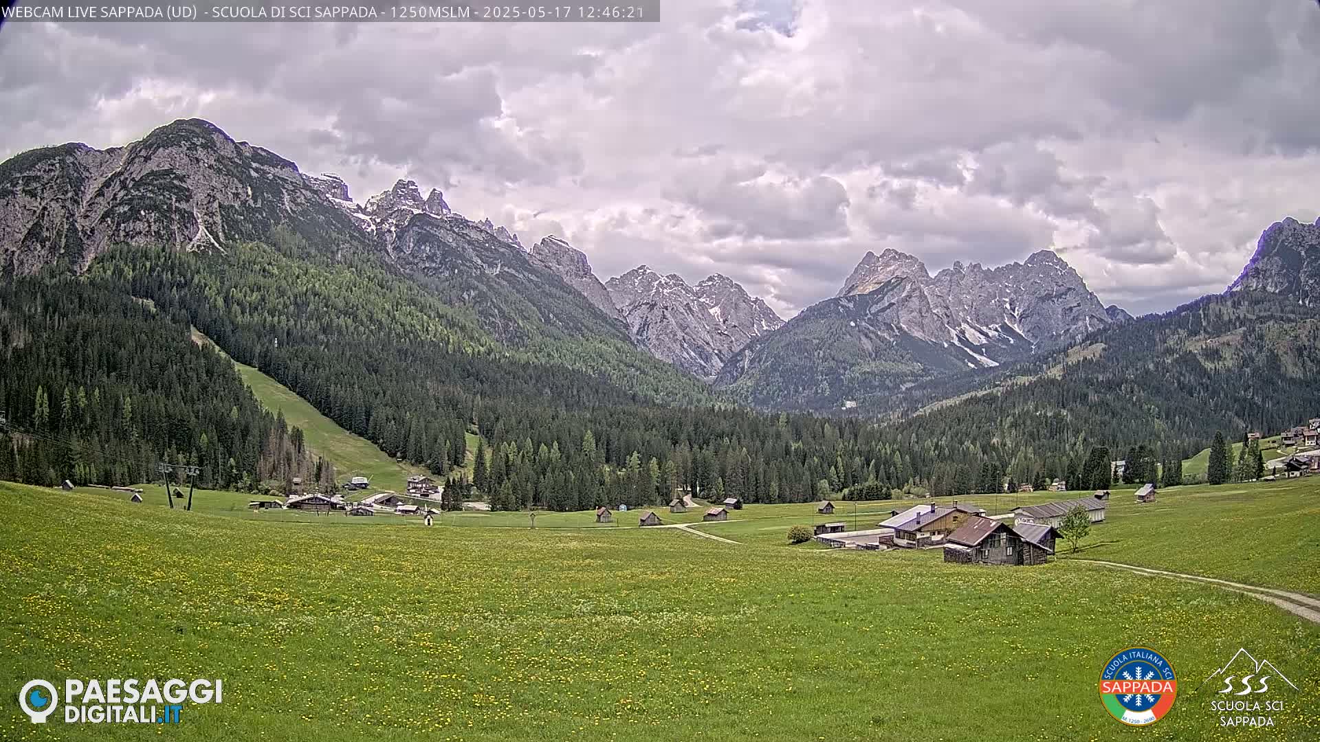 A valley filled with wildflowers and small buildings is nestled among a range of snow-capped mountains under a cloudy sky.