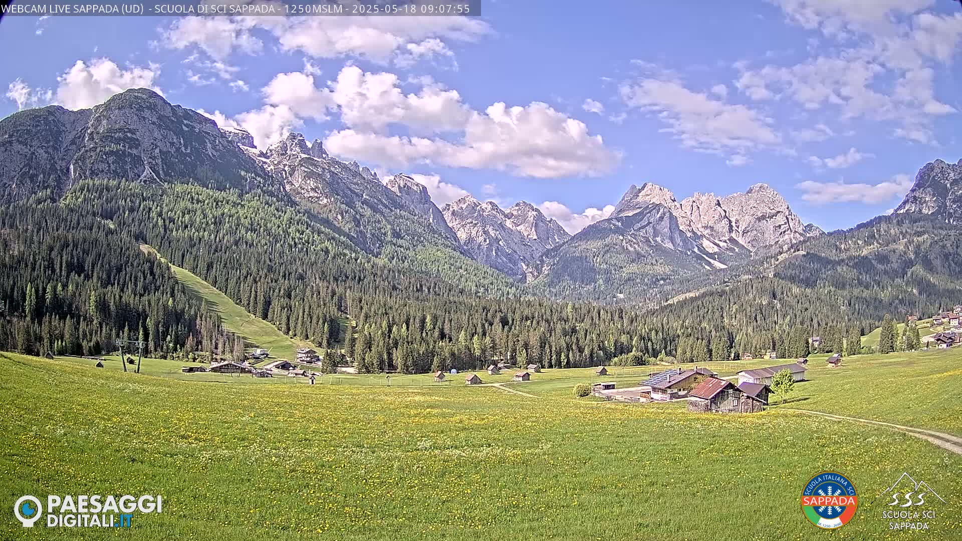 A partly cloudy sky overlooks a valley of green fields dotted with small buildings, surrounded by a dark forest and imposing, snow-capped mountains.