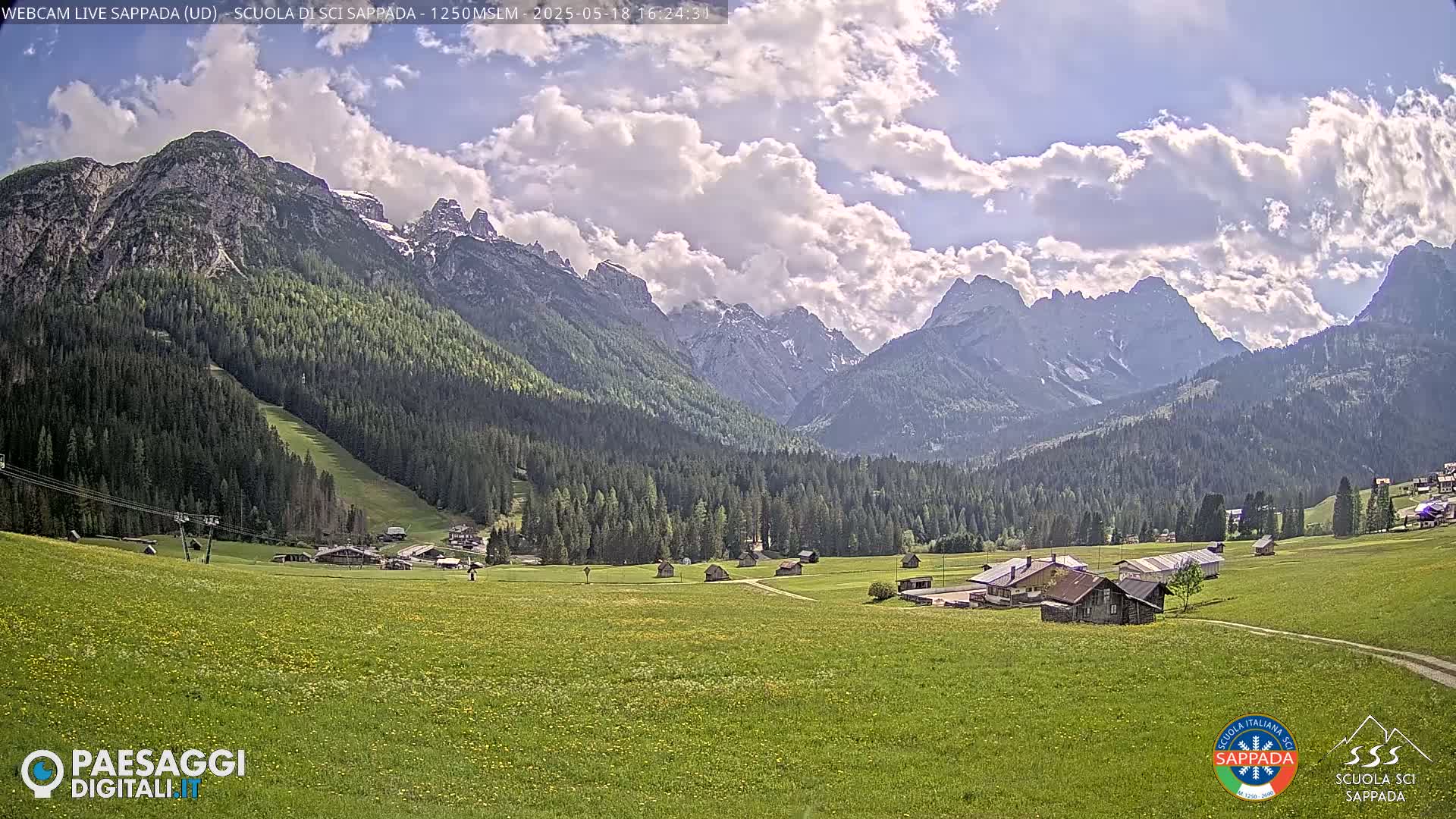 A partly cloudy day reveals a valley with scattered buildings and green fields, nestled beneath snow-capped mountains and a dark forest.