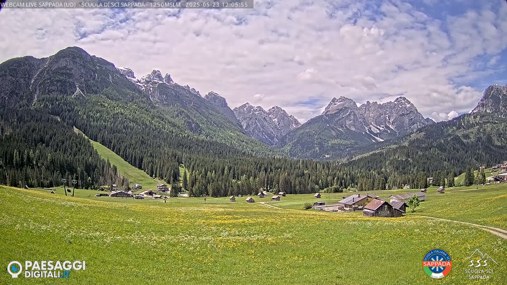 A partly cloudy day reveals a valley of green fields dotted with small buildings, nestled among a dark evergreen forest and imposing snow-capped mountains.