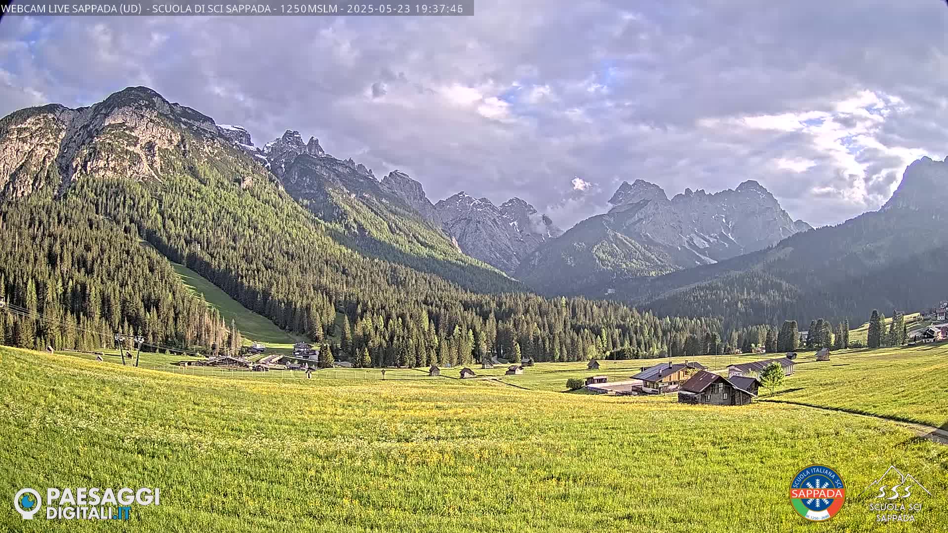 A valley of green fields and forests is nestled beneath a range of snow-capped mountains under a partly cloudy sky.