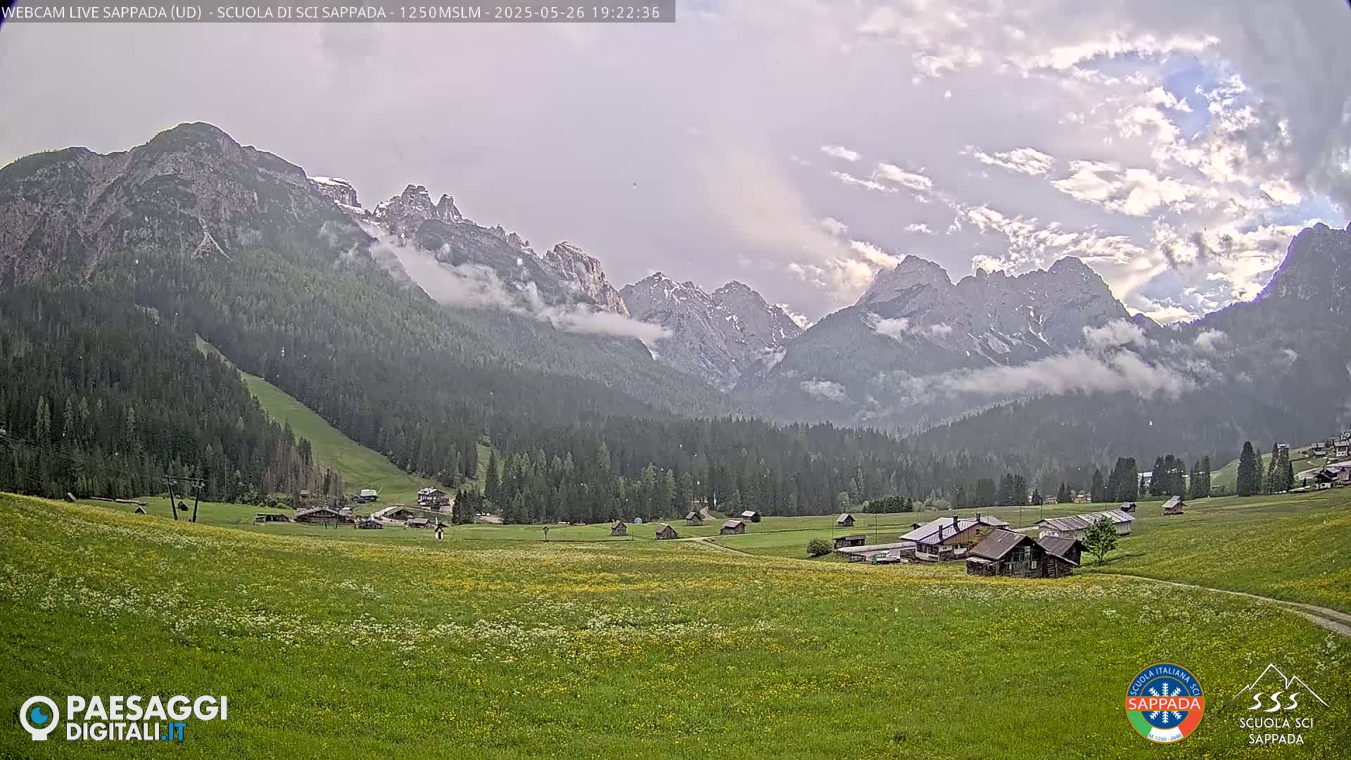 A valley dotted with small buildings and wildflowers, nestled beneath a range of partially cloud-covered mountains.