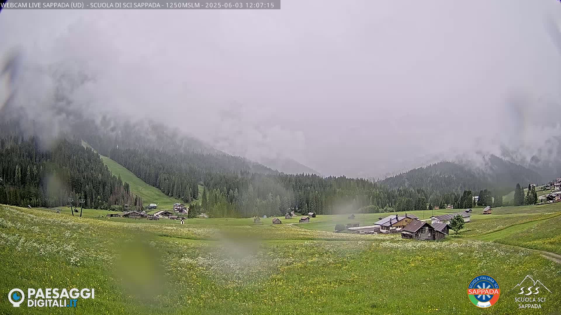 A rain-covered view of a grassy valley with scattered buildings and a forest-covered mountainside in the background.