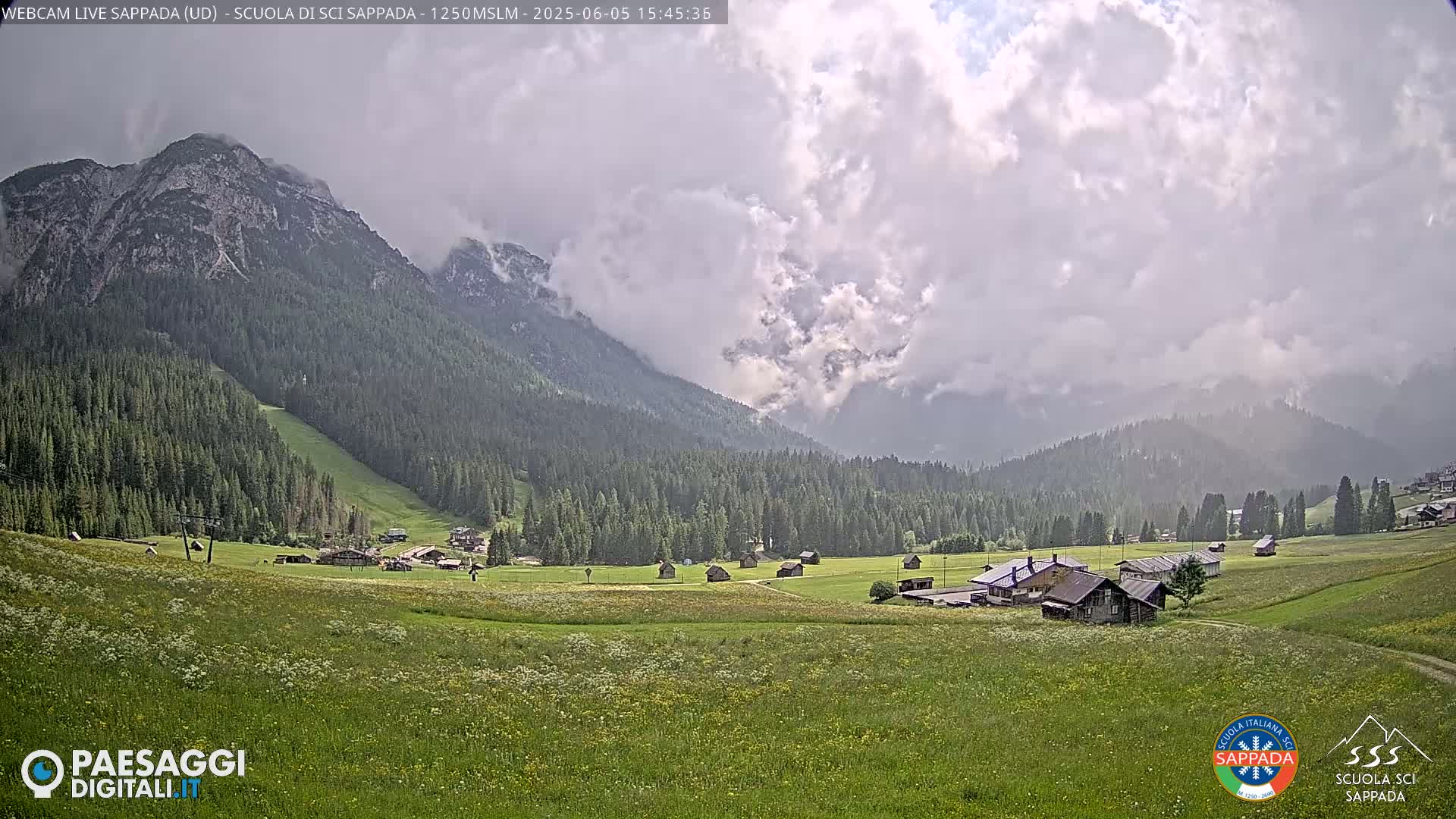 A valley dotted with small buildings and wildflowers under a partly cloudy sky, nestled between a mountain range and a forested hillside.