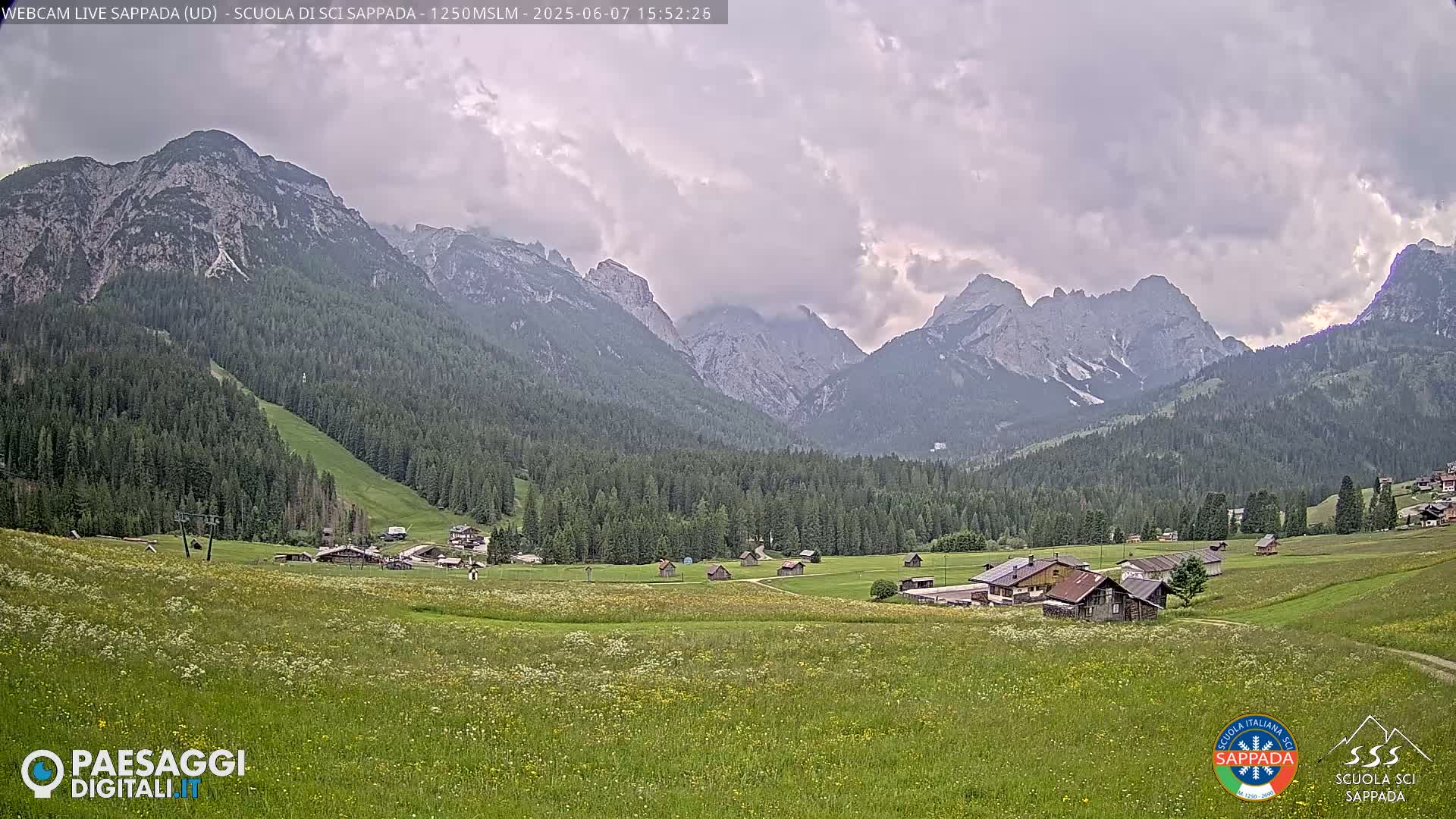 A sprawling green meadow dotted with small buildings sits in a valley, overlooked by imposing, rocky mountains under a cloudy sky.