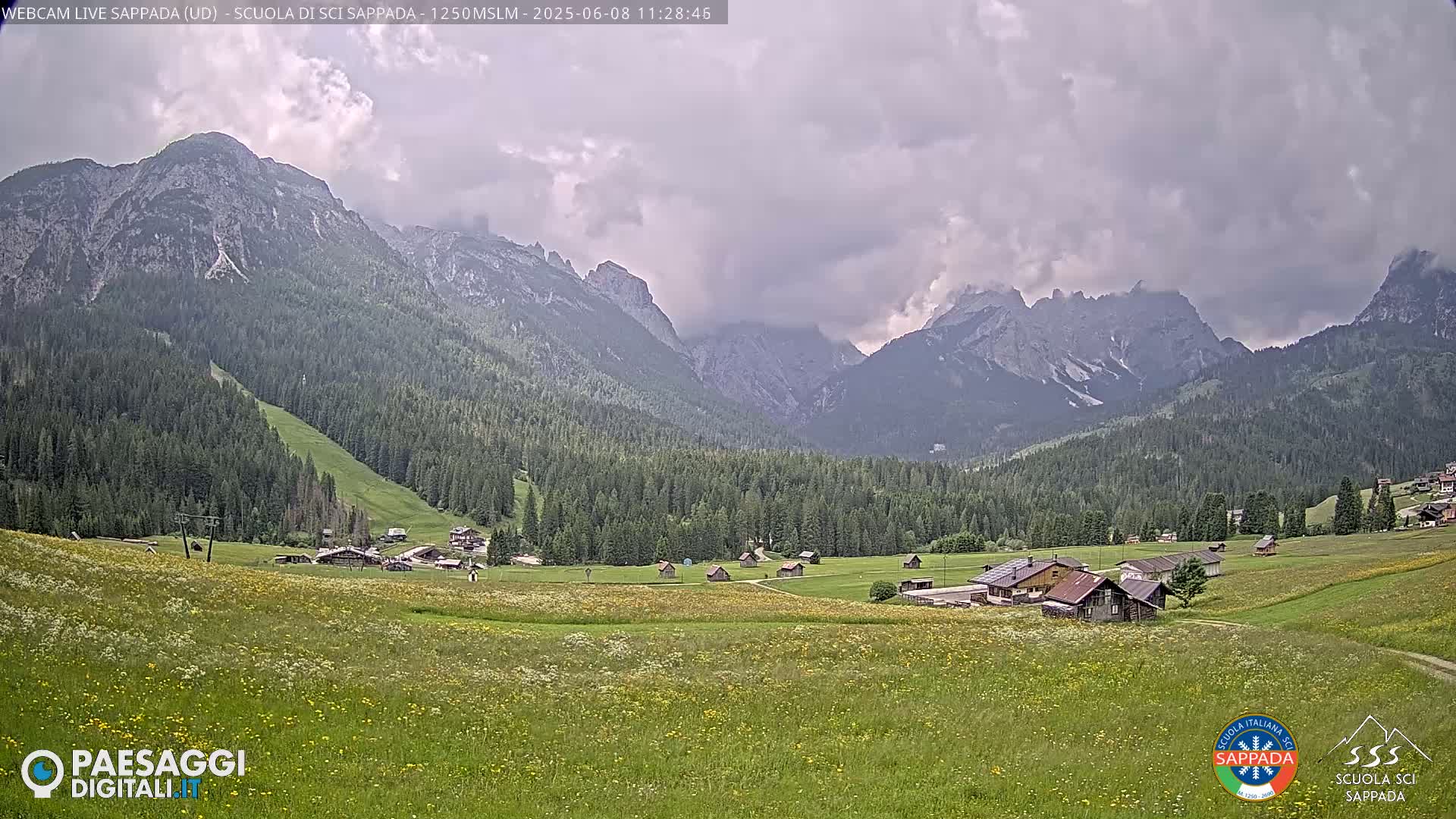 A mountain valley dotted with small buildings and wildflowers under a cloudy sky.