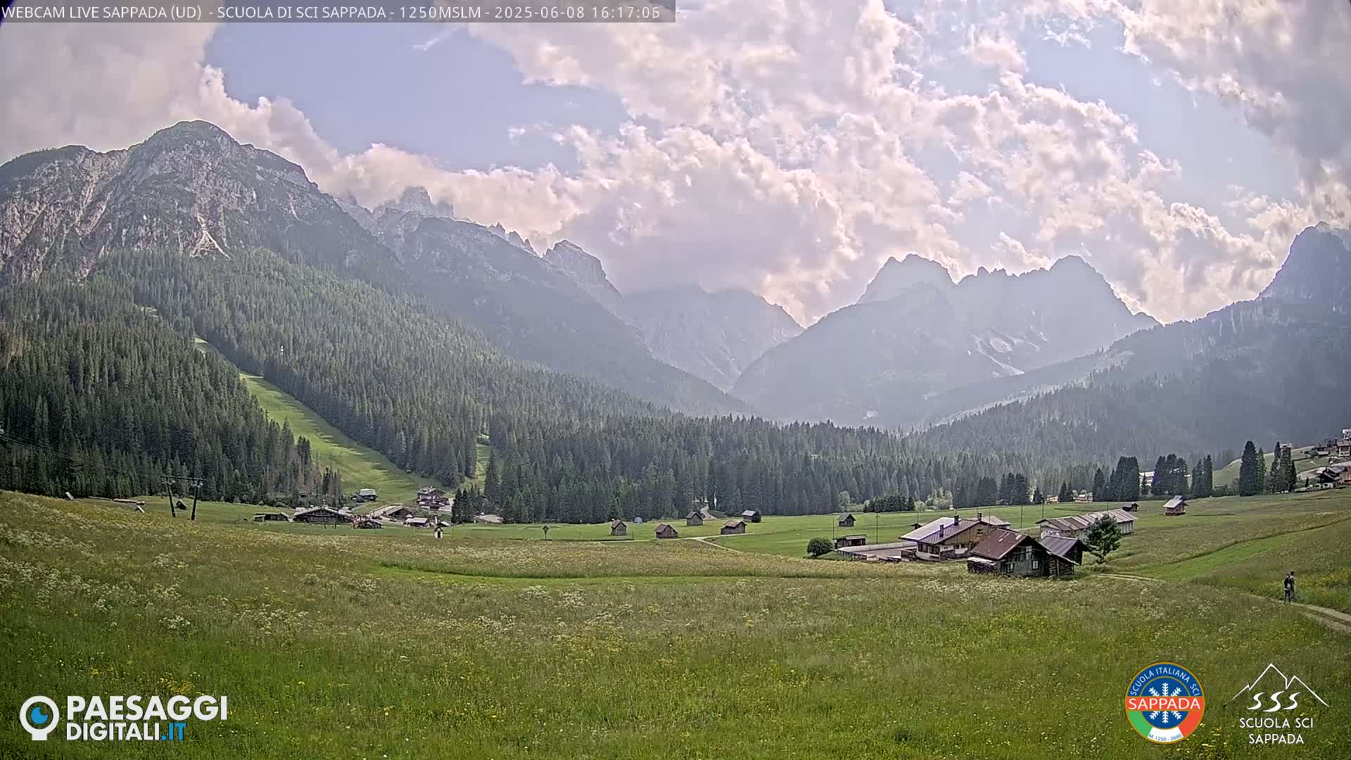 A partly cloudy day reveals a valley of green fields and small buildings nestled among dark green forests at the foot of a large mountain range.