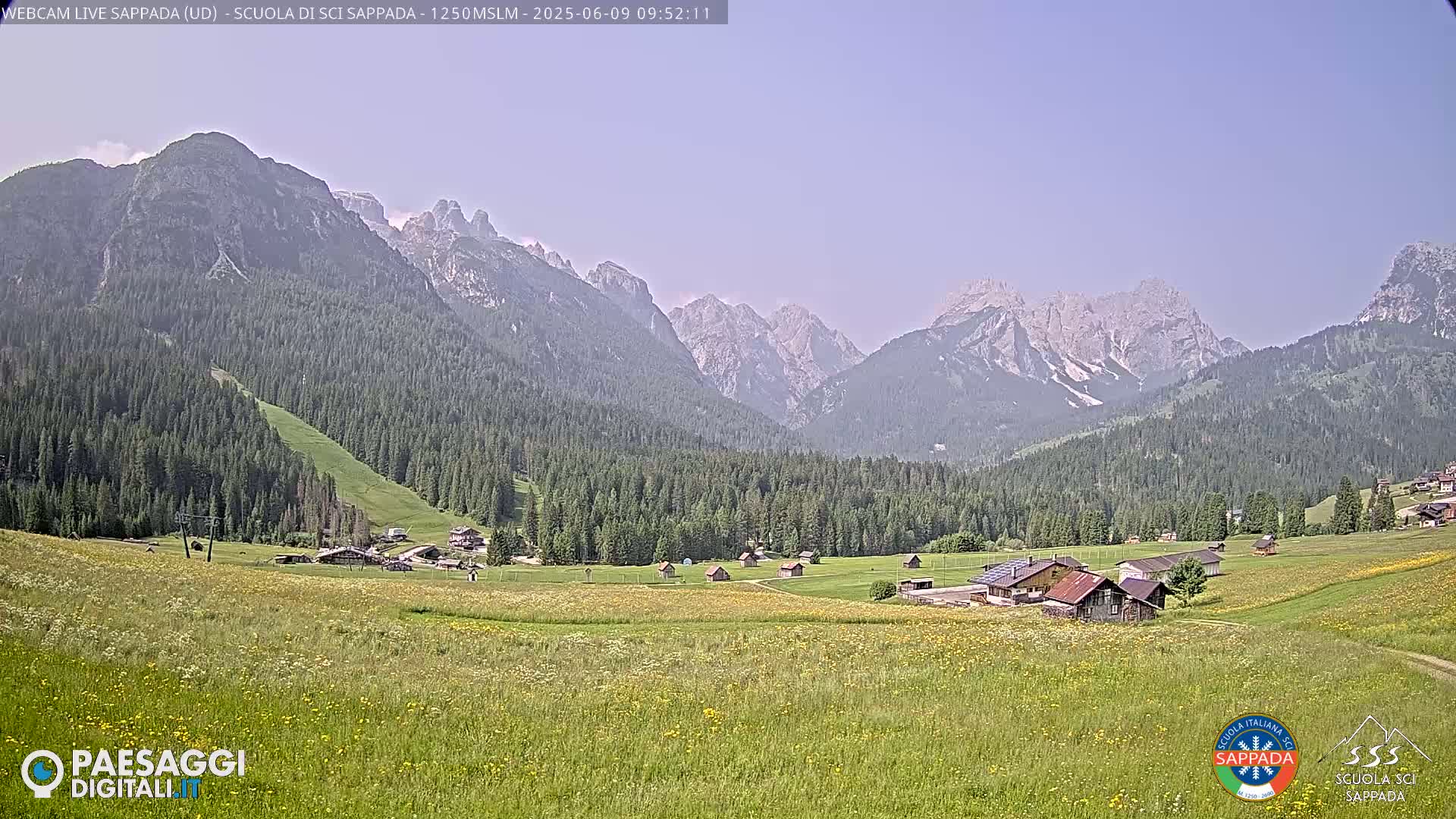 A sunny view of a valley dotted with small buildings and wildflowers, nestled between a lush green forest and a towering mountain range.
