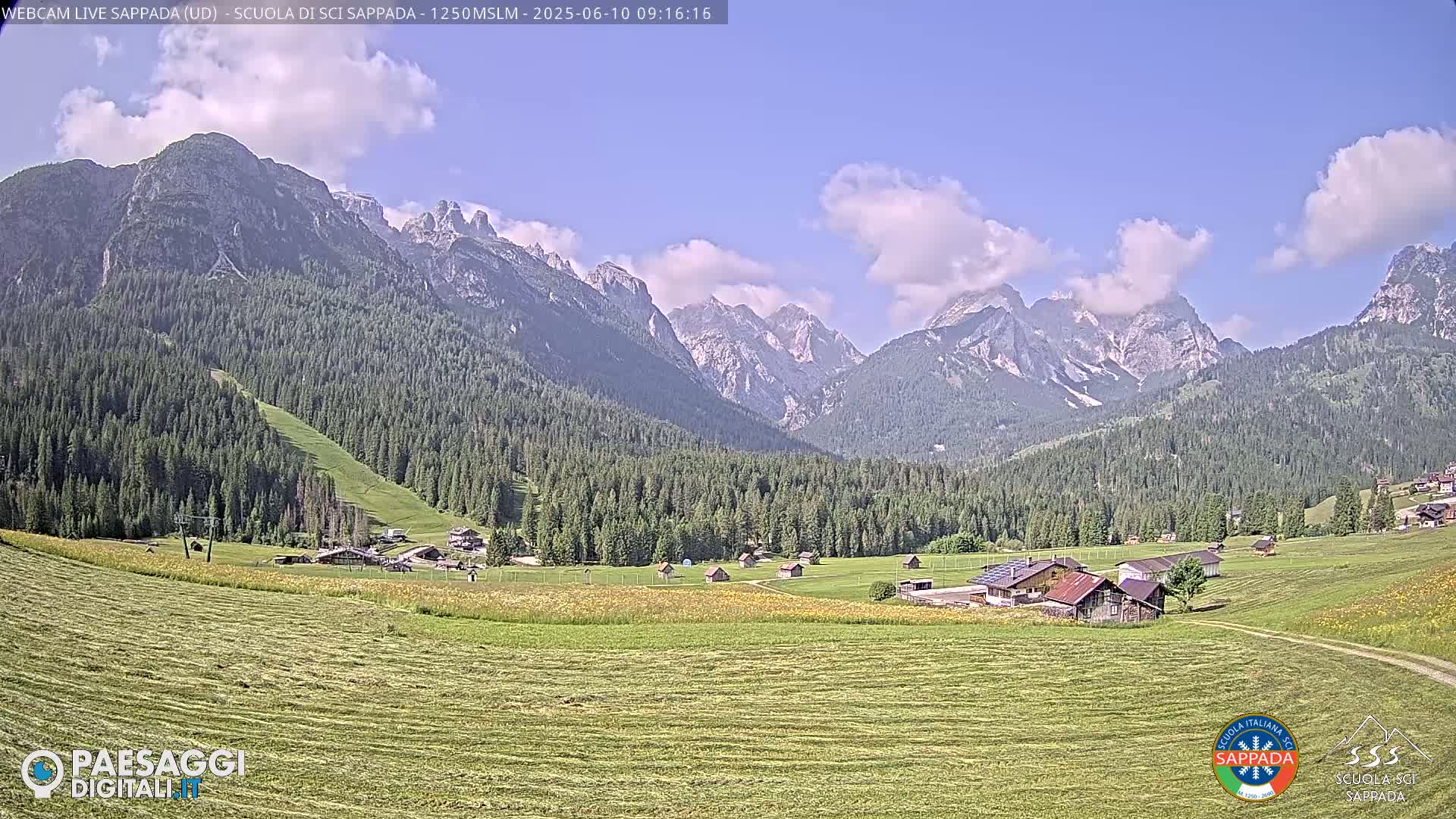 A partly cloudy sunny day reveals a valley with a recently mown field, several buildings, and a lush green forest leading up to a majestic mountain range.