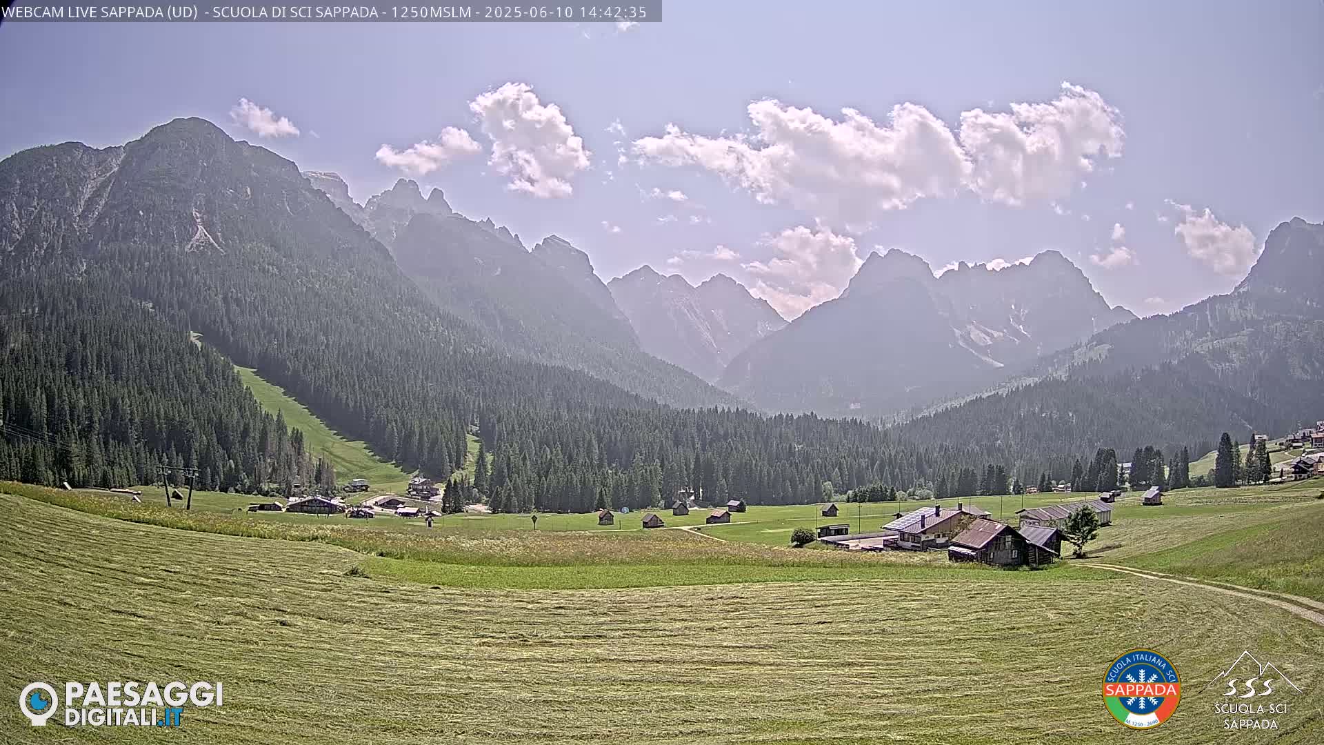 A mountain valley under a partly cloudy sky shows a village nestled among green fields and dark evergreen forests, with a range of mountains in the background.
